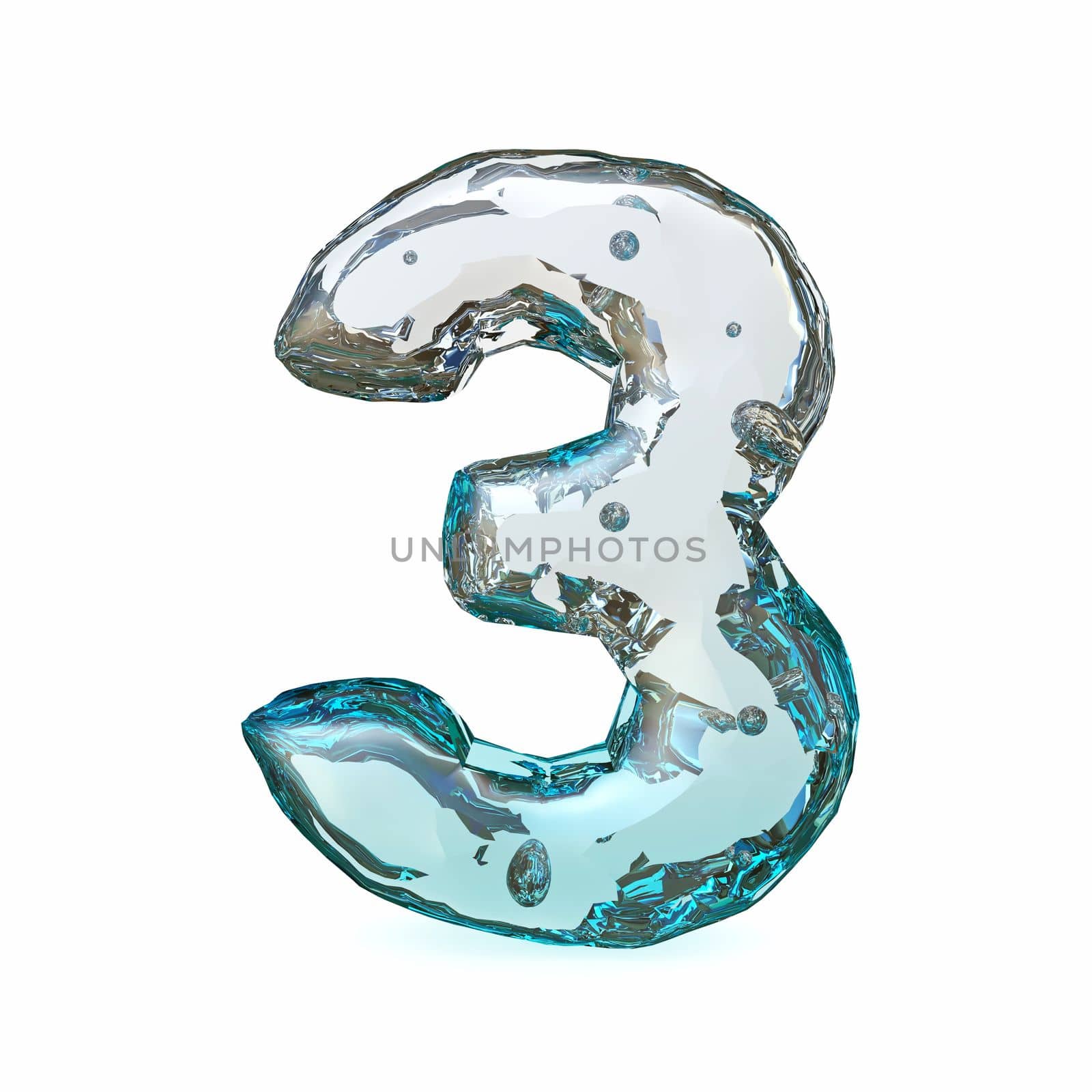 Blue ice font Number 3 THREE 3D rendering illustration isolated on white background
