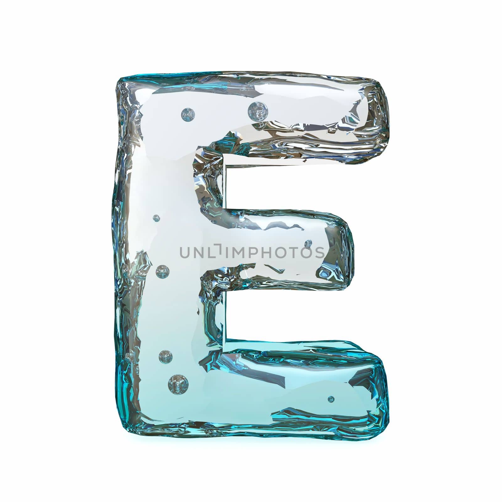 Blue ice font Letter E 3D rendering illustration isolated on white background