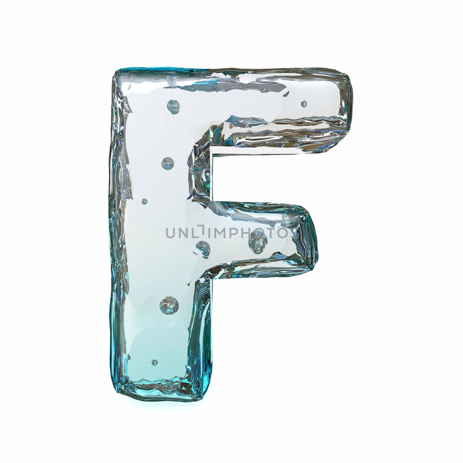 Blue ice font Letter F 3D rendering illustration isolated on white background