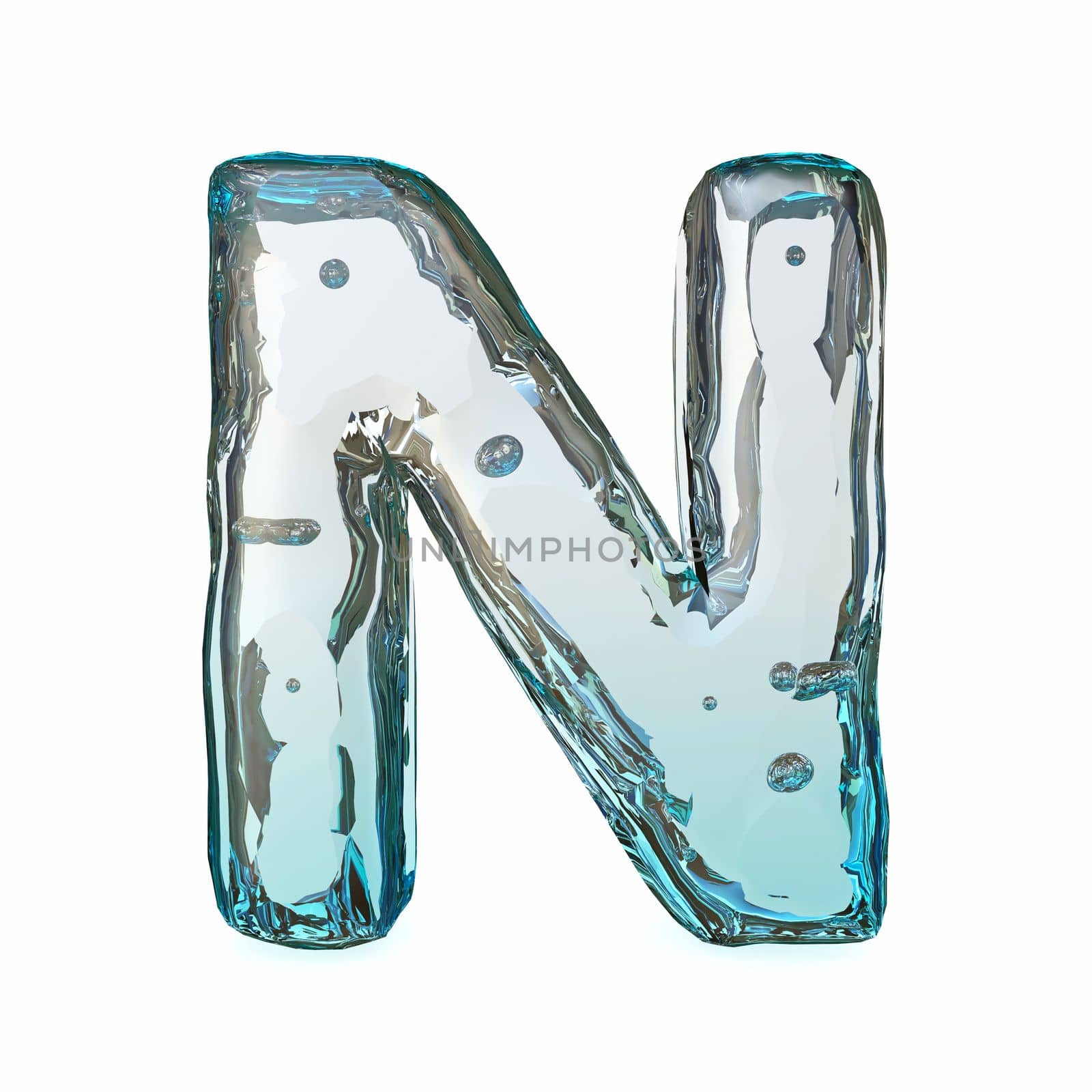 Blue ice font Letter N 3D rendering illustration isolated on white background