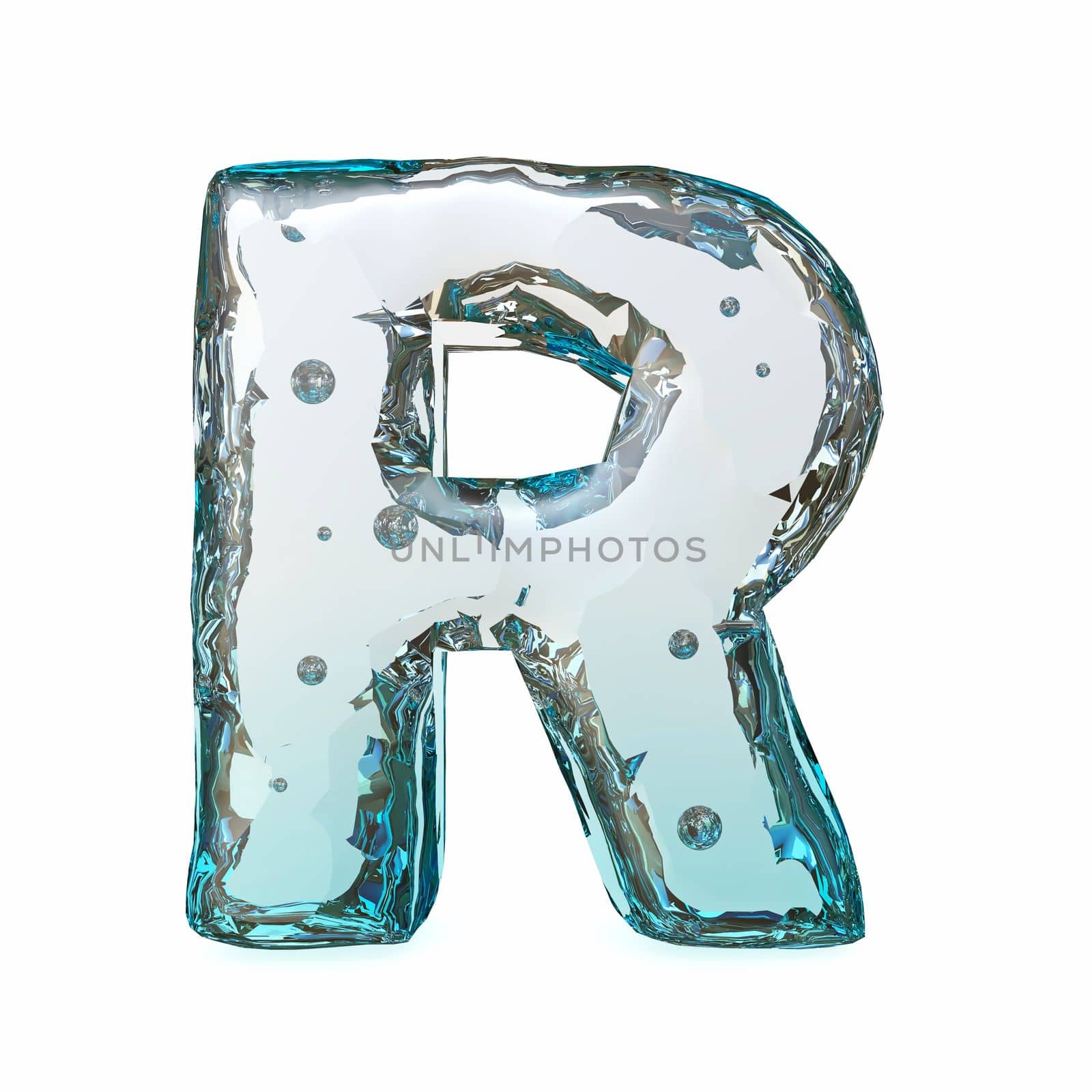 Blue ice font Letter R 3D rendering illustration isolated on white background