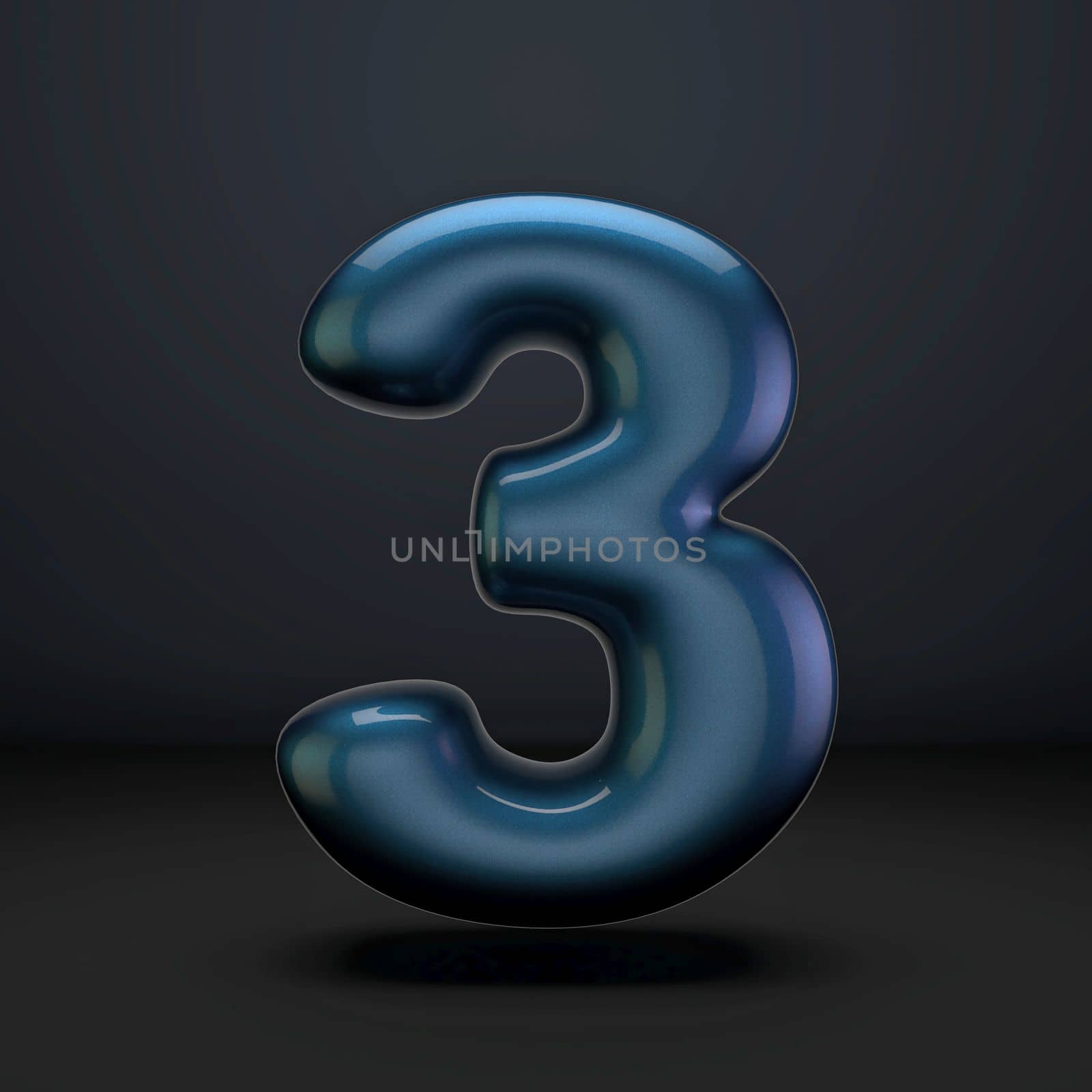 Dark blue shiny font Number 3 THREE 3D rendering illustration isolated on black background