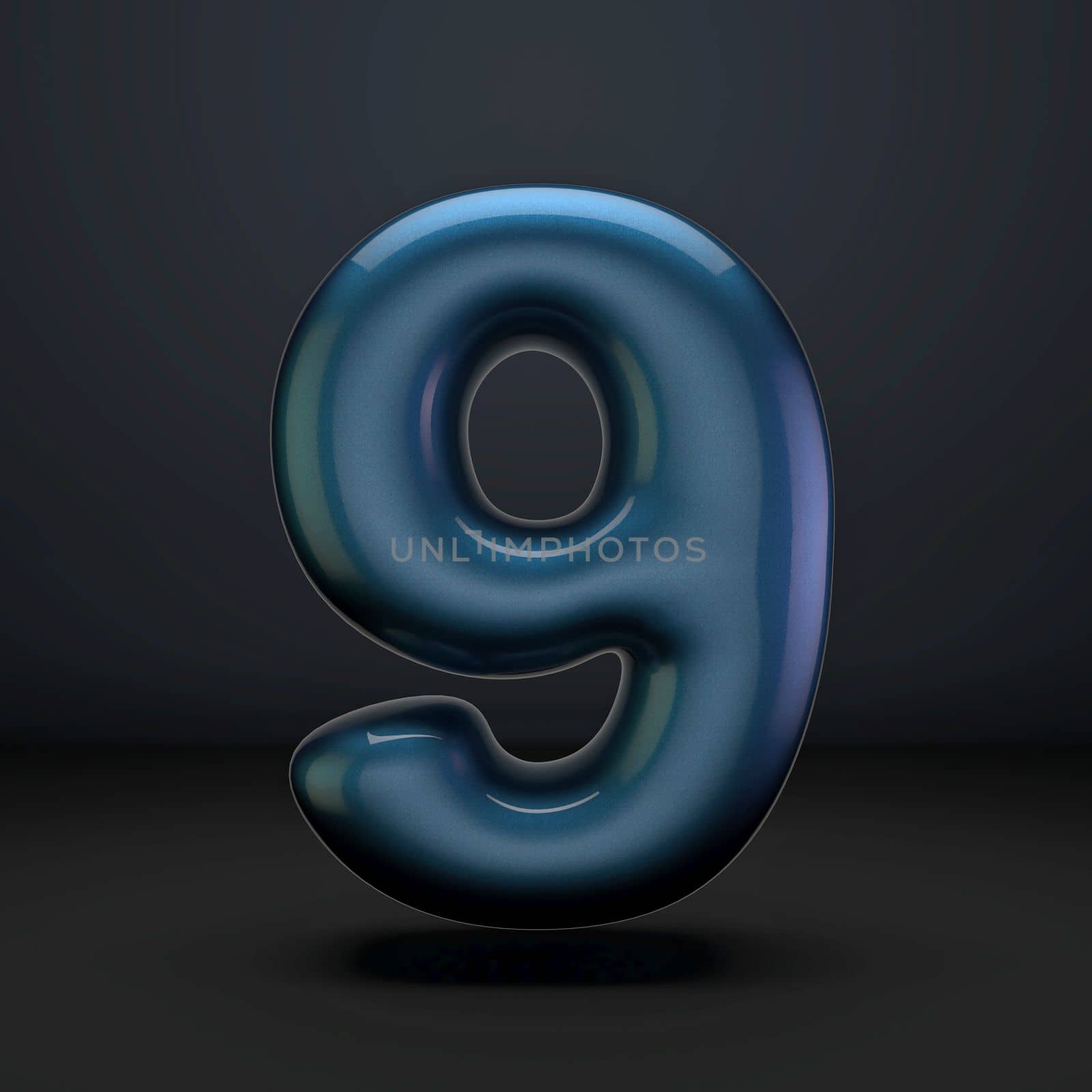 Dark blue shiny font Number 9 NINE 3D rendering illustration isolated on black background