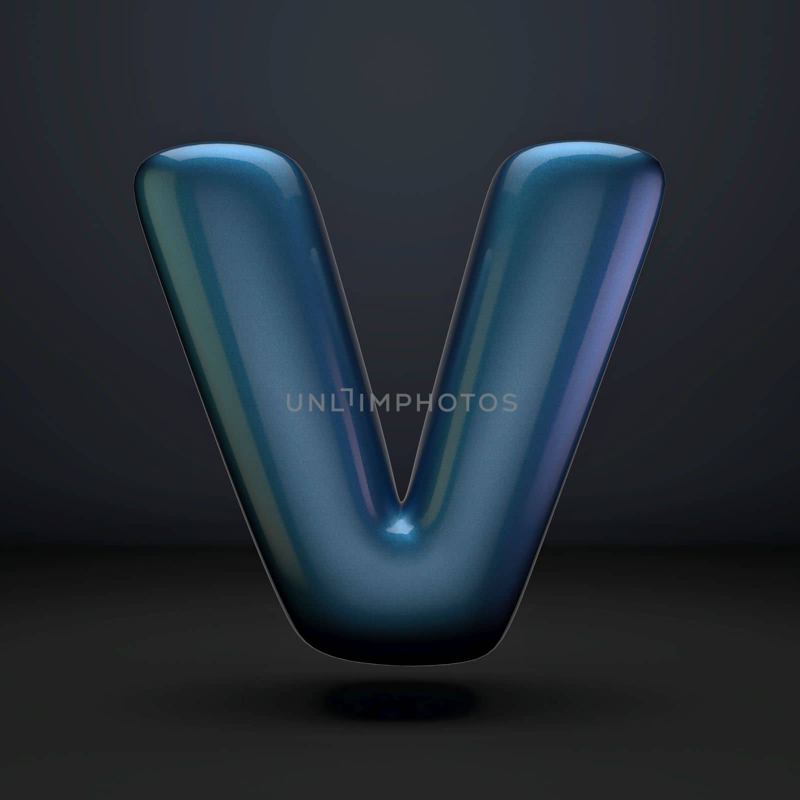 Dark blue shiny font Letter V 3D rendering illustration isolated on black background