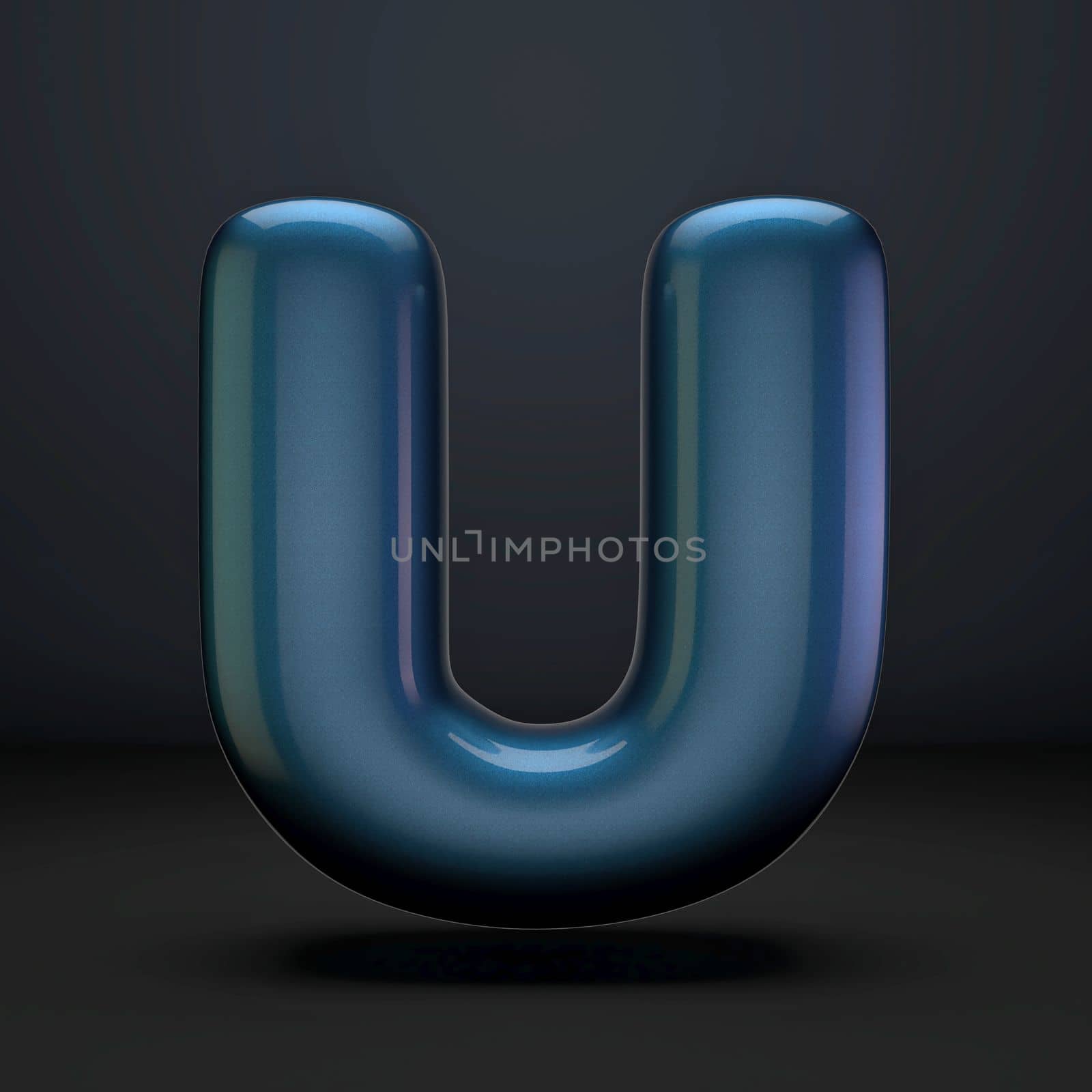 Dark blue shiny font Letter U 3D rendering illustration isolated on black background