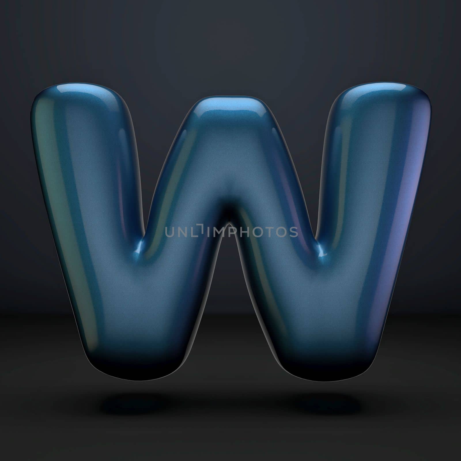 Dark blue shiny font Letter W 3D rendering illustration isolated on black background