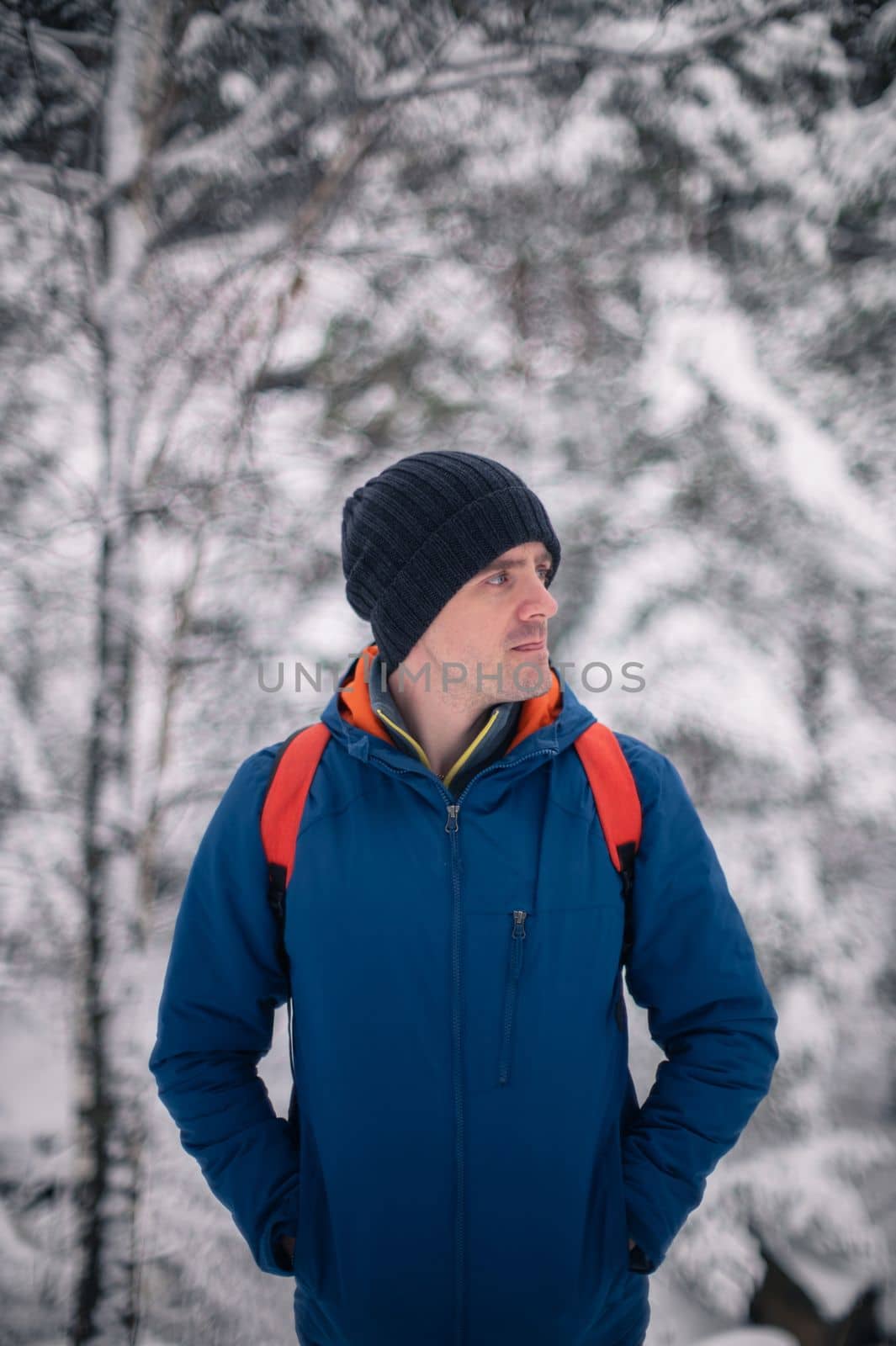Man in winter jacket walking in snowy winter forest, snowy winter day