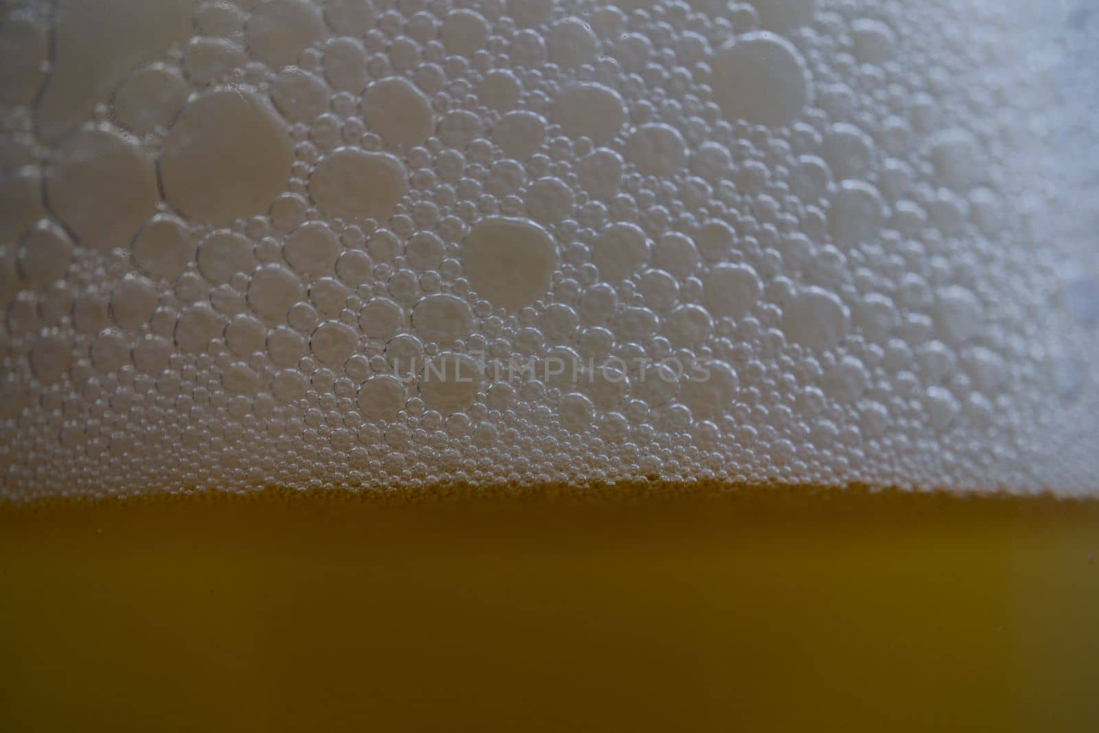 close-up of beer foam with bubbles with selective focus