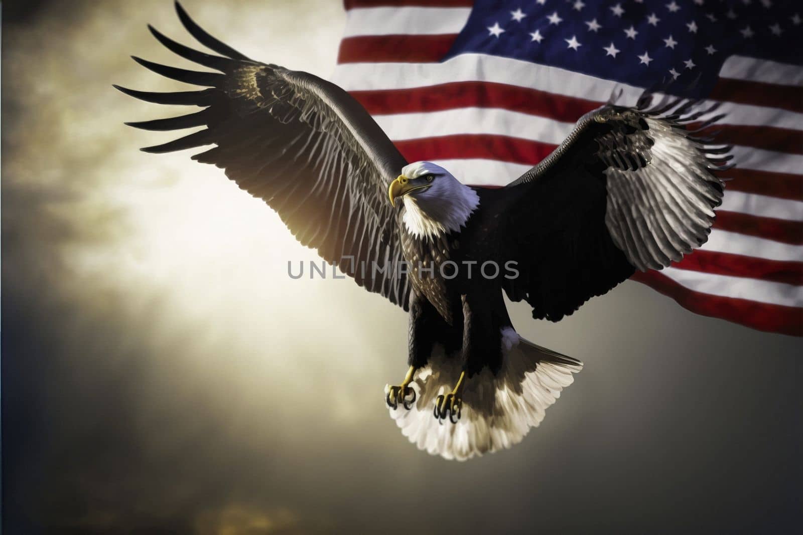 Eagle With American Flag Flies At Sunset, Vintage Toned by igor010