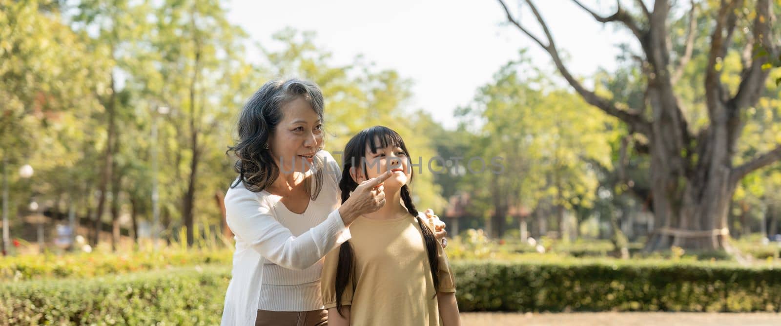 Happy granddaughter and her grandmother at summer park, family, leisure and people concept by nateemee