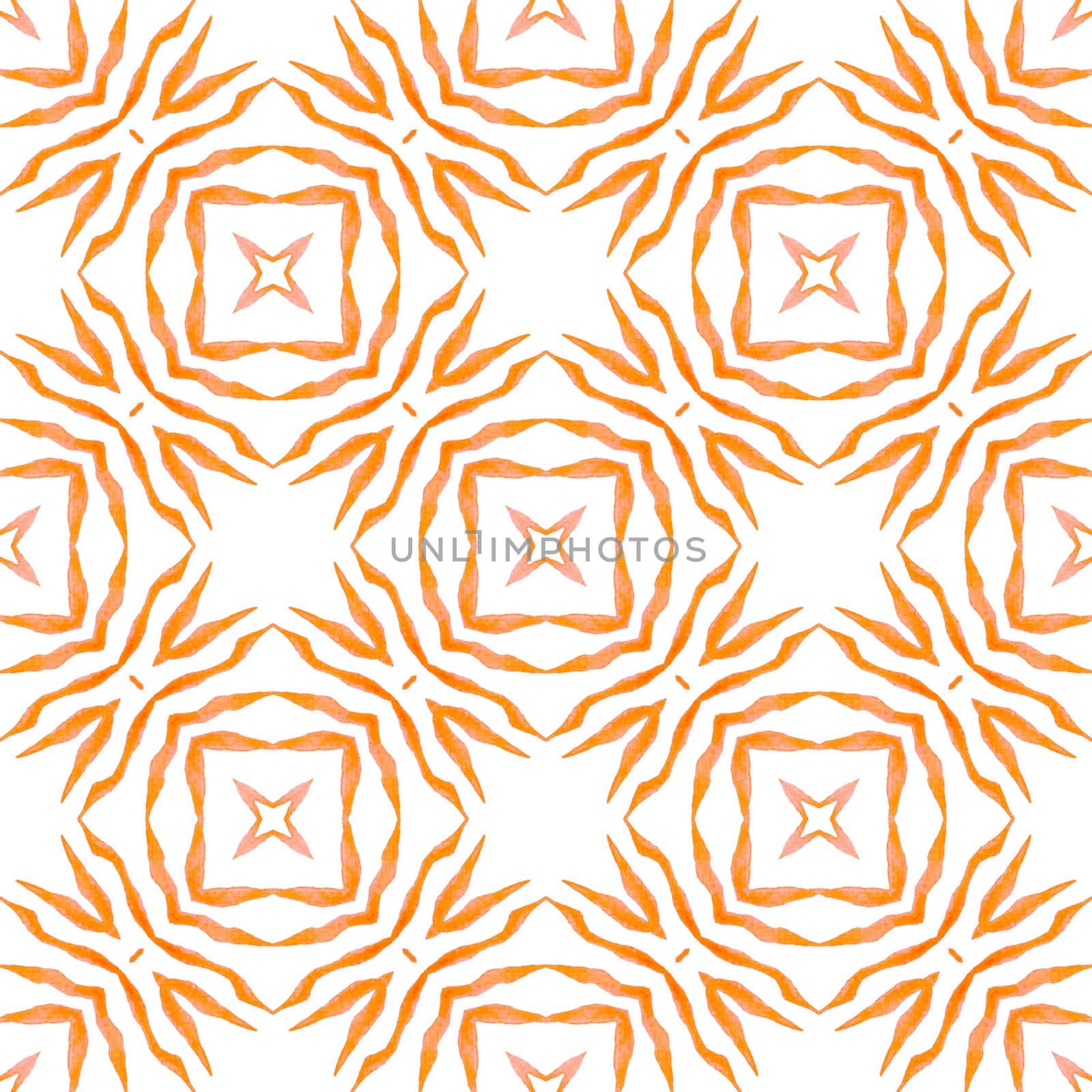 Ikat repeating swimwear design. Orange worthy boho chic summer design. Watercolor ikat repeating tile border. Textile ready fascinating print, swimwear fabric, wallpaper, wrapping.