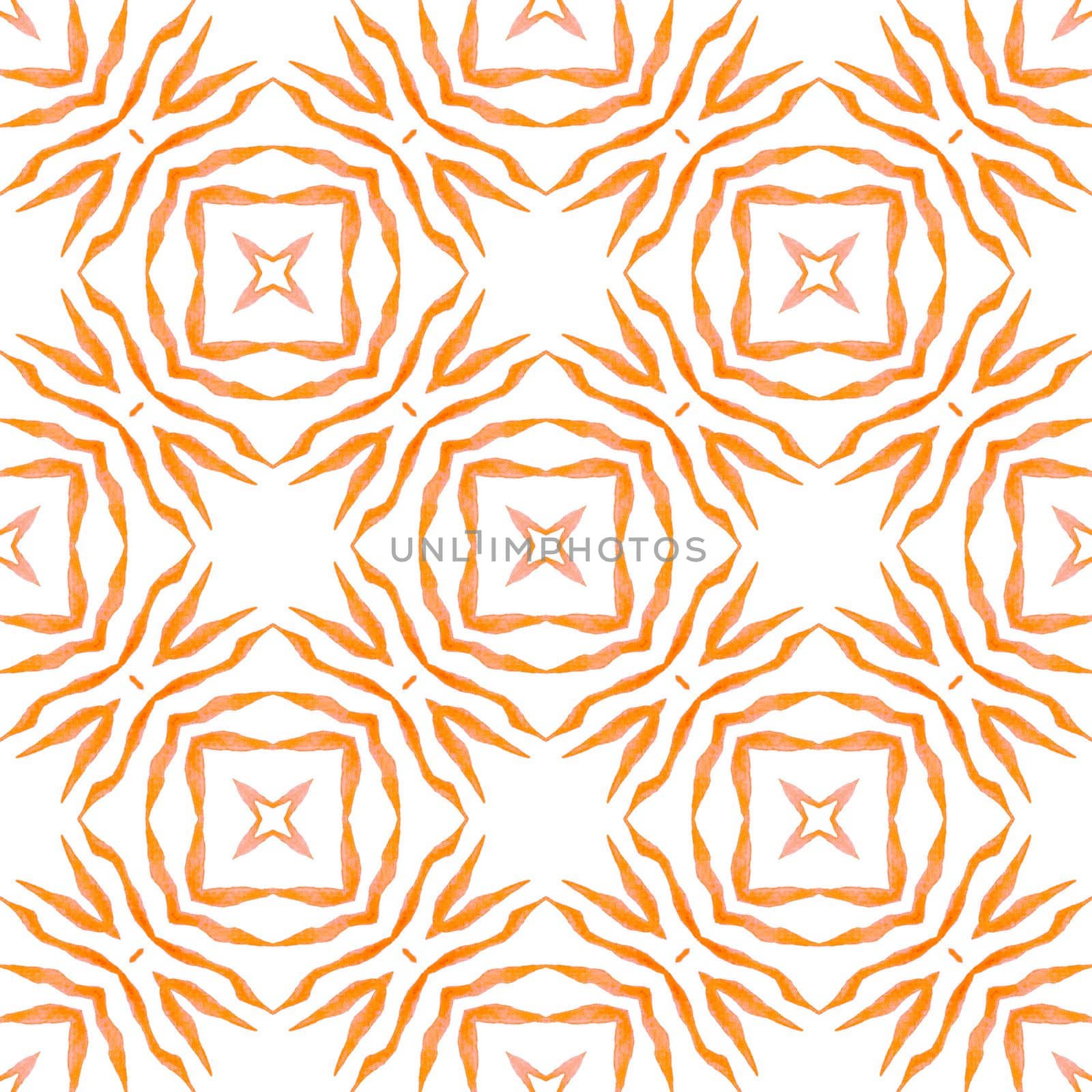 Ikat repeating swimwear design. Orange worthy boho chic summer design. Watercolor ikat repeating tile border. Textile ready fascinating print, swimwear fabric, wallpaper, wrapping.