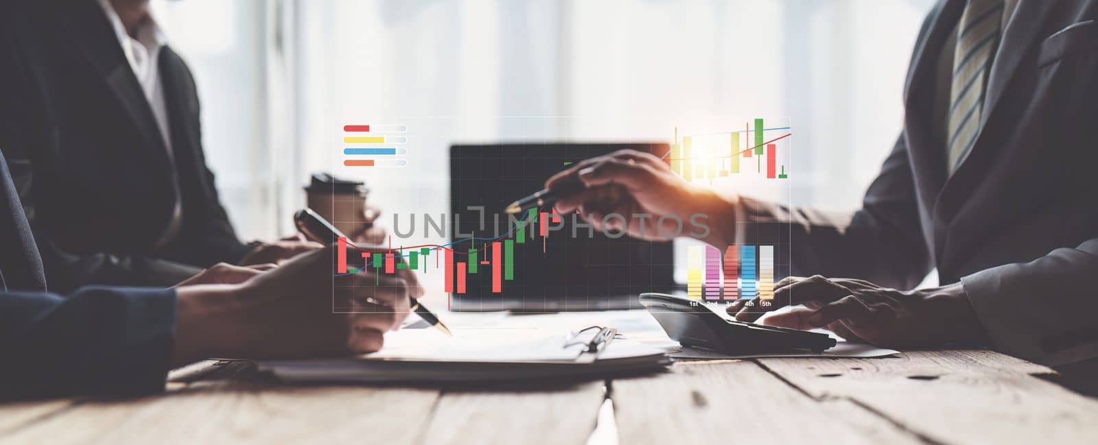 Close up of Diverse colleagues gather brainstorm discuss financial statistics at office meeting. finance, teamwork concept.