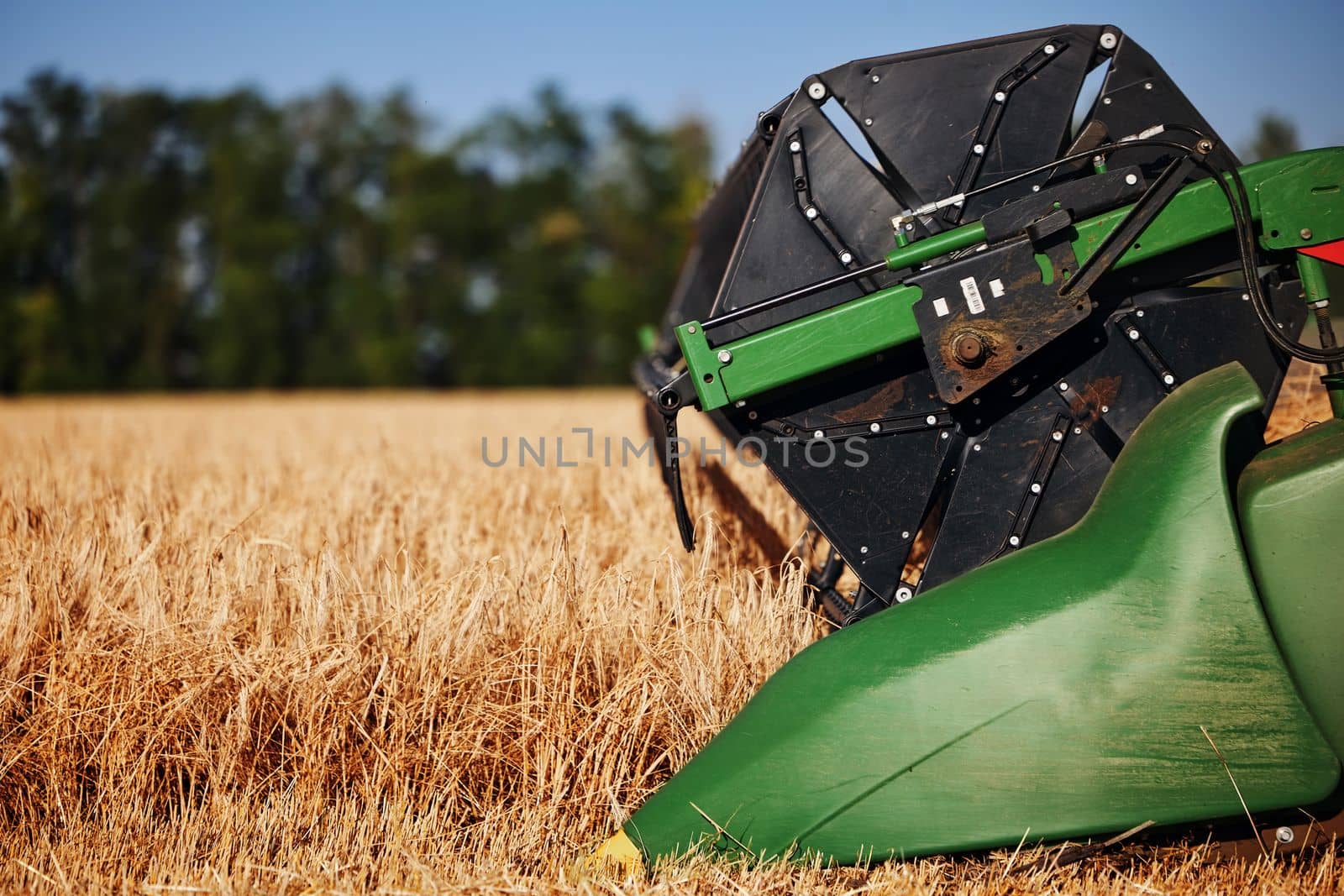Agricultural combine John Deere harvester in the field during harvest ripe wheat. Combine working on a wheat field. Combine Harvester harvesting crops. 07.07.22, Rostov region, Russia.