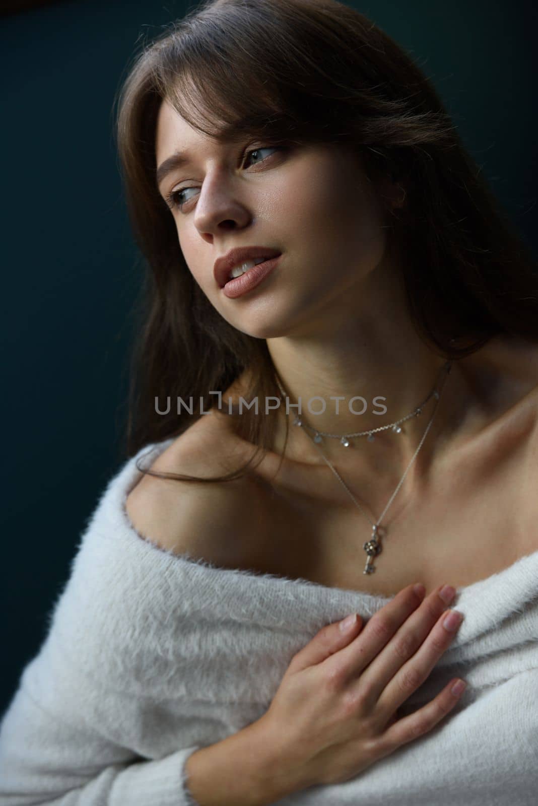 Beautiful young brunette woman portrait. white angora sweater