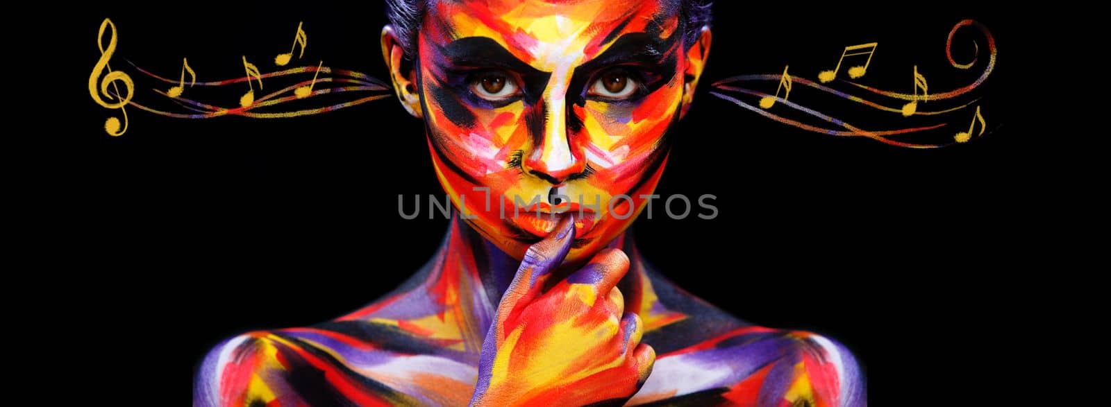 Portrait of the bright beautiful girl with art colorful make-up, bodyart and notes. Colorful paint on body. by MikeOrlov