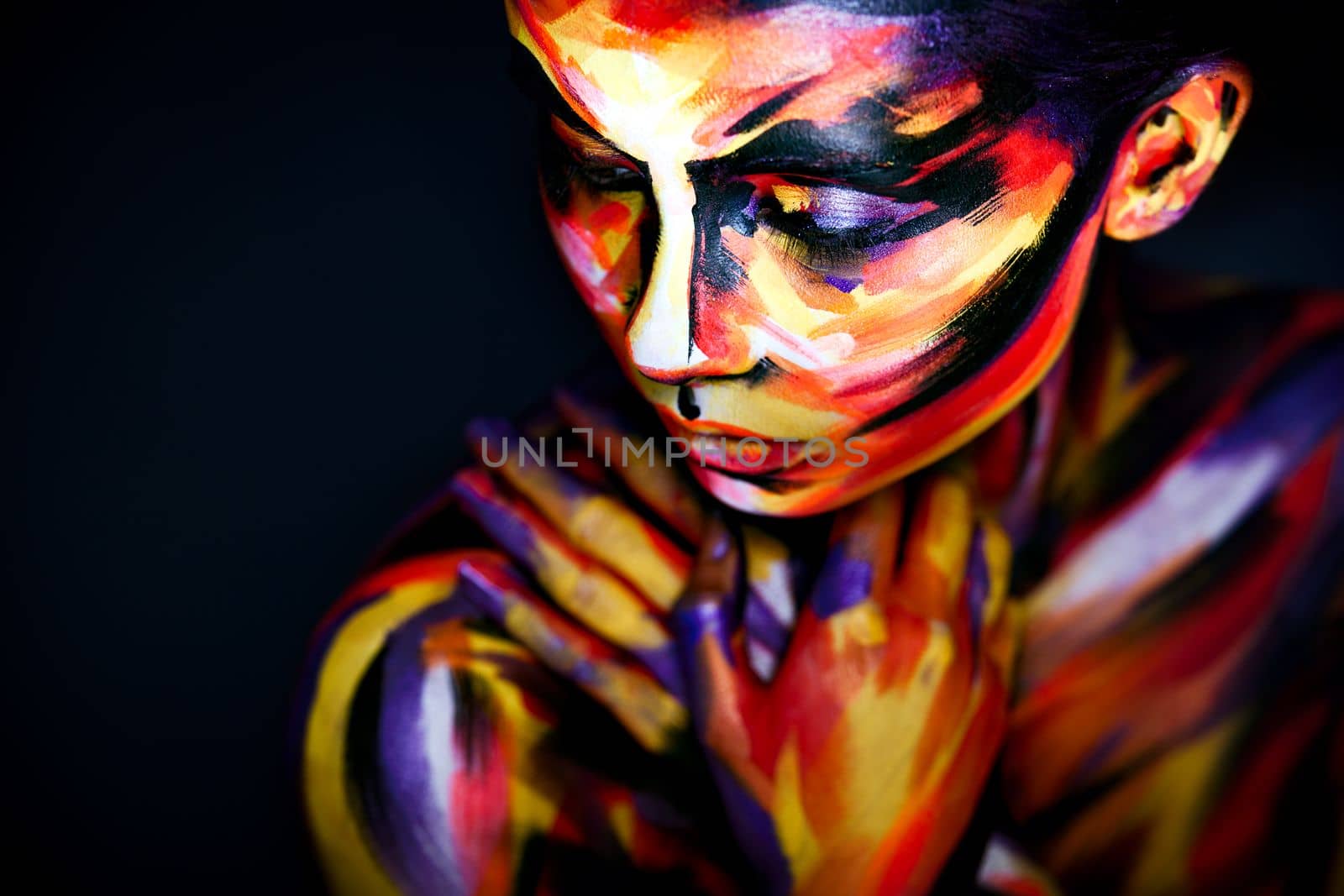 Portrait of the bright beautiful girl with art colorful make-up and bodyart by MikeOrlov