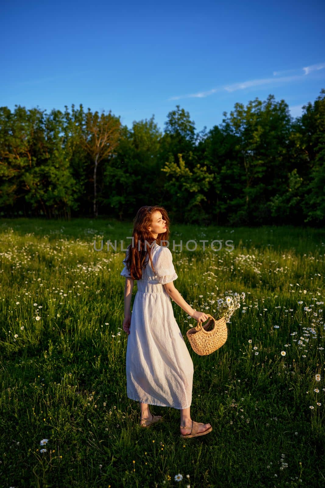 a beautiful woman in a light, light, summer dress is standing in a flowering meadow in the sunset light. High quality photo