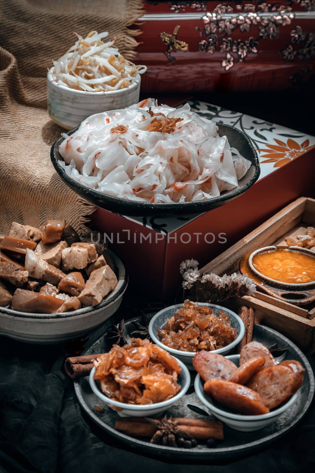Chinese steamed flat wide rice noodles with Braised pork, Tofu, Crisp squid in sweet soy sauce and Bean sprout, Chinese sausage sliced, Fried dried shrimp and Pickle turnip serve with pickled chili. Asian food style, Copy space, Selective focus.