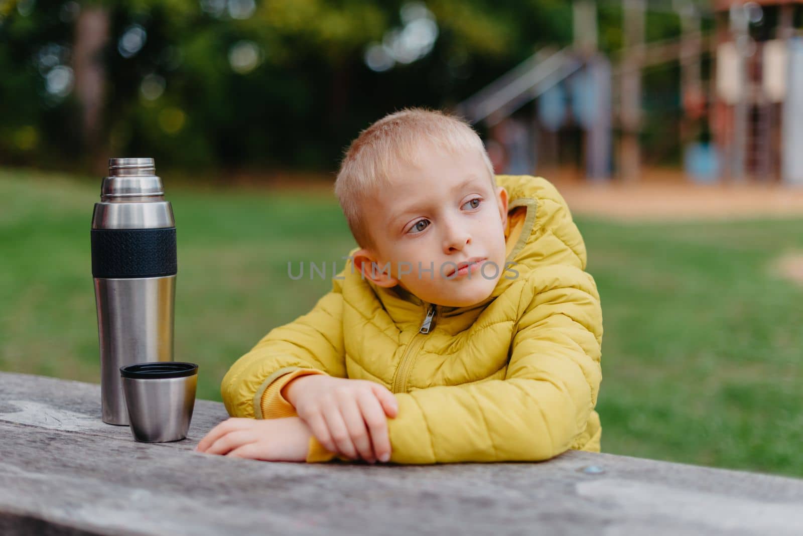 Boy is sitting at wooden table with cup of tea and looking into distance. thermos tea A boy sits at a table in the park in the fall season. Child Boy Son In Autumn Park, Sitting On Wooden Bench And Table. Little Kid Outdoors.