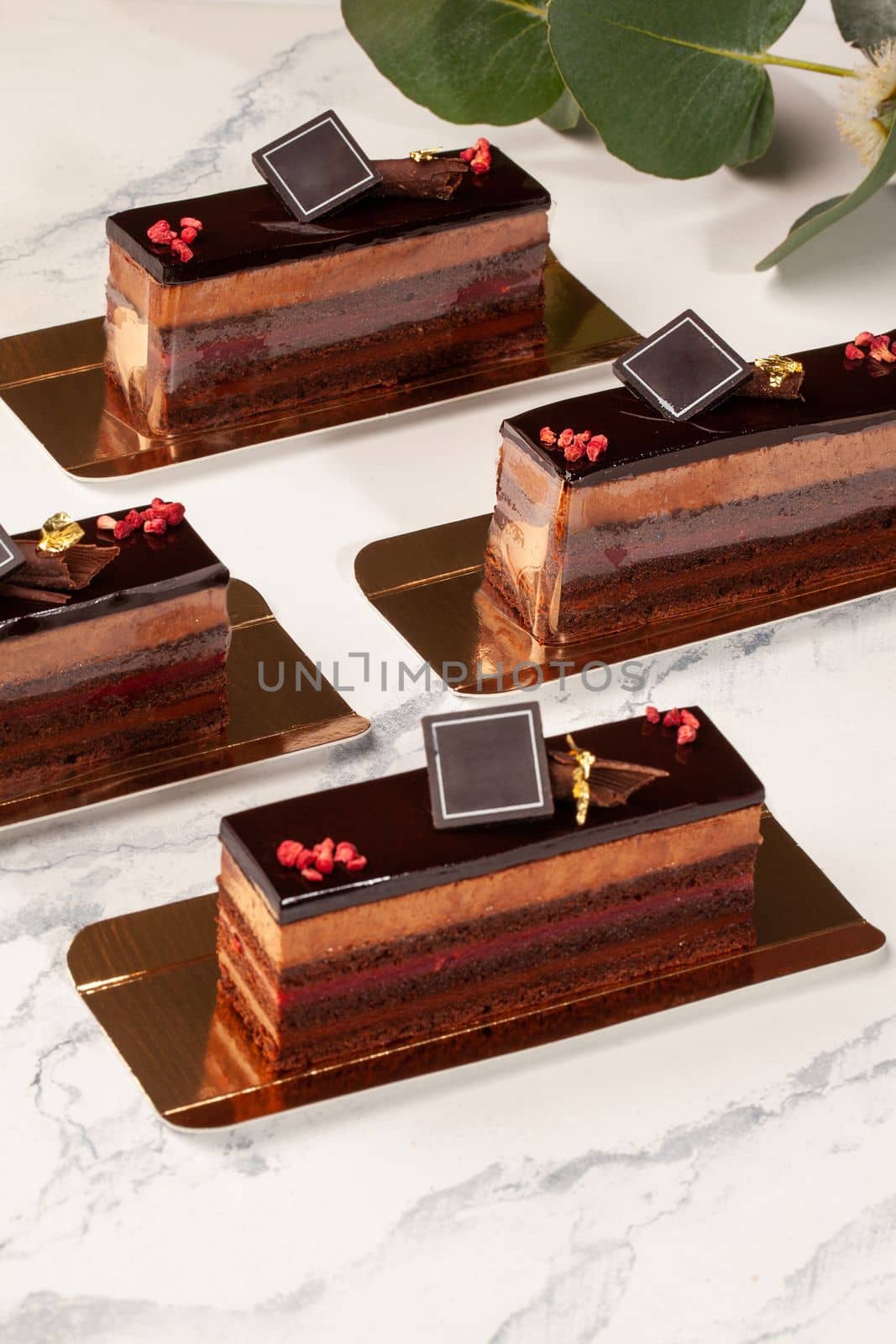 Slices of tempting chocolate cake with delicate airy mousse and raspberry jelly topped with ganache and candied berry crumbs served on golden cardboard on white background with green leaves