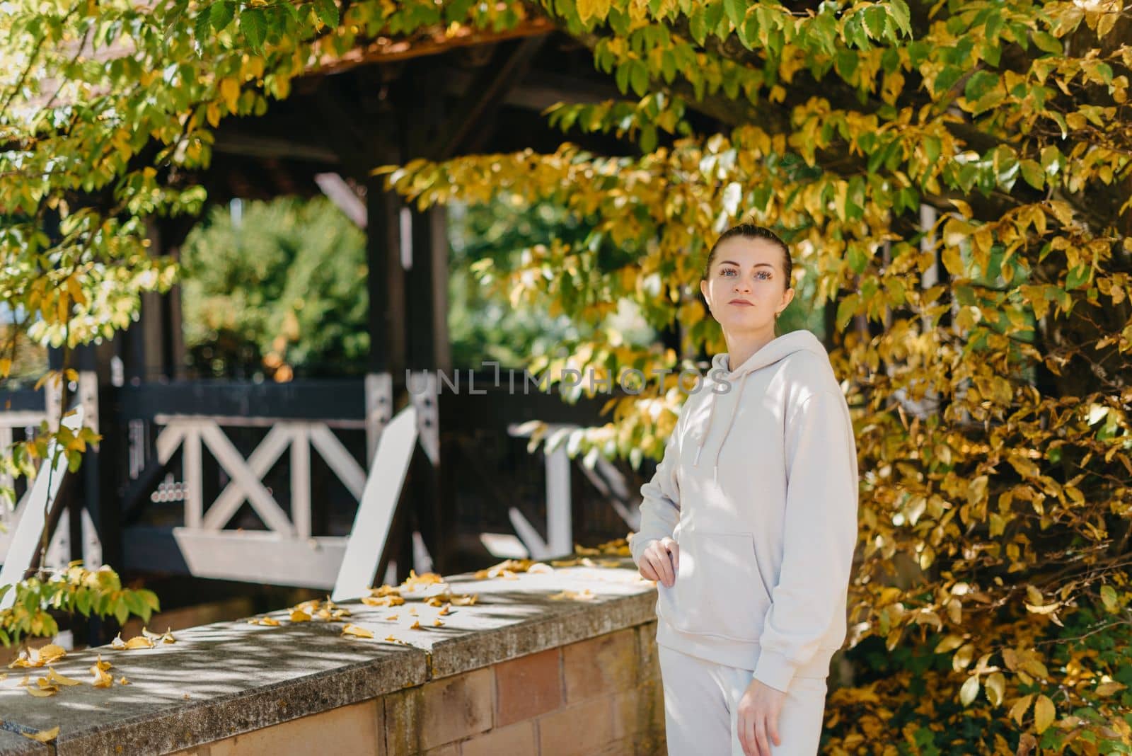 Beautiful elegant woman standing in autumn park with yellow leaves outdoor. Beauty Romantic Girl Outdoors enjoy autumn yellow leaves. Portrait of joyful woman in park during fall. Happy ng nature. Sun light on sunset. Warm toned art work. Portrait of romantic female by Andrii_Ko