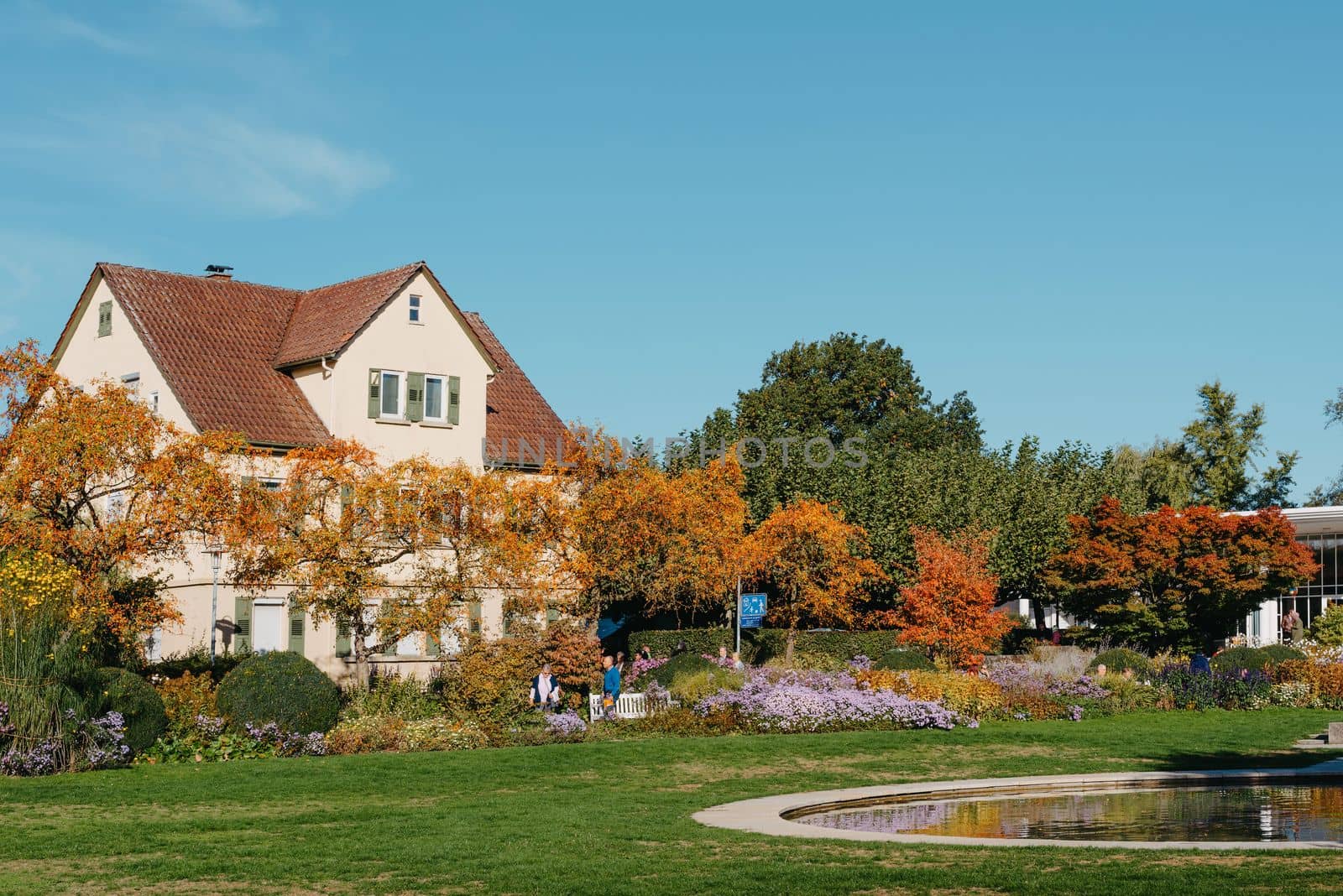 House with nice garden in fall. Flowers in the Park. Bietigheim-Bissingen. Germany, Europe. Autumn Park and house, nobody, bush and grenery