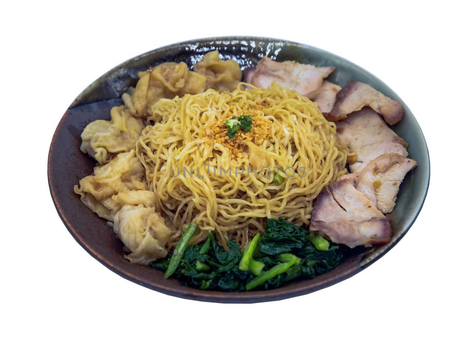Egg Noodle with Roasted Pork and Wonton in plate isolated on white background with clipping path.  Cantonese chinese food, Selective focus.