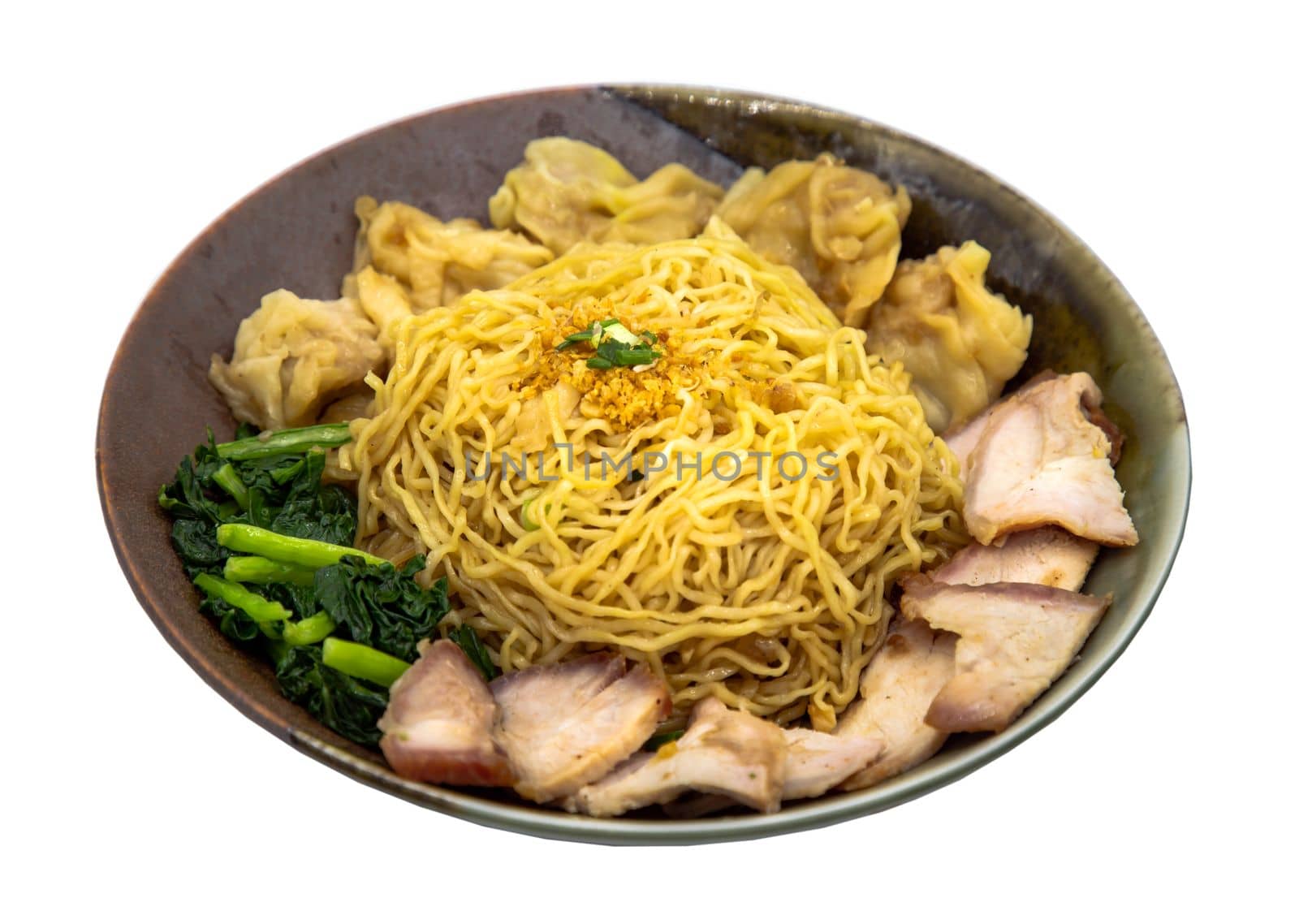 Egg Noodle with Roasted Pork and Wonton in plate isolated on white background with clipping path. Cantonese chinese food, Selective focus.