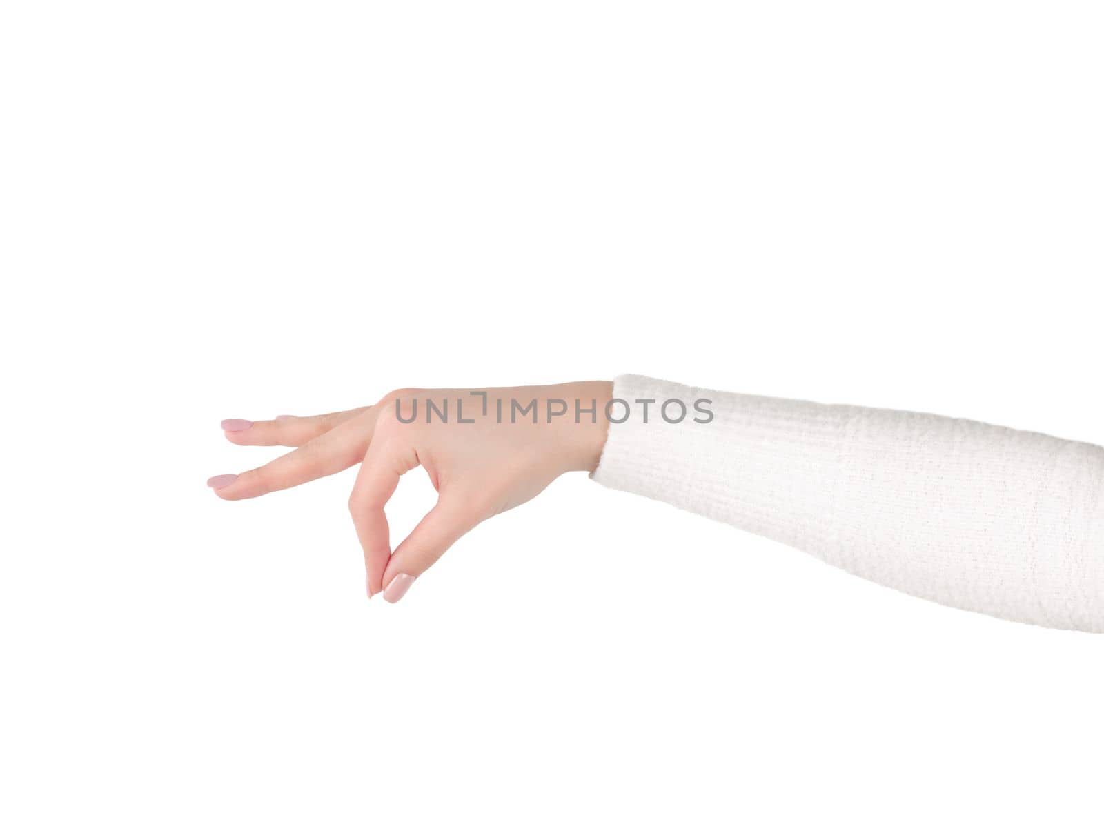 caucasian woman hand holding with two fingers isolated on white