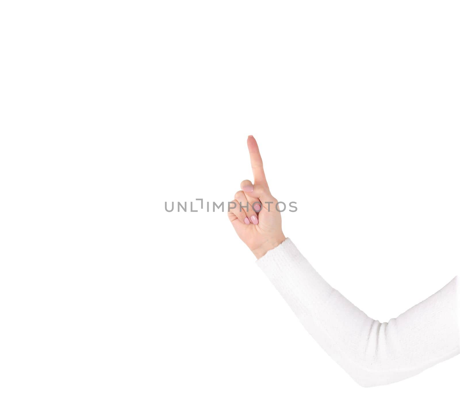 caucasian woman right arm hand pointing up with index finger isolated on white