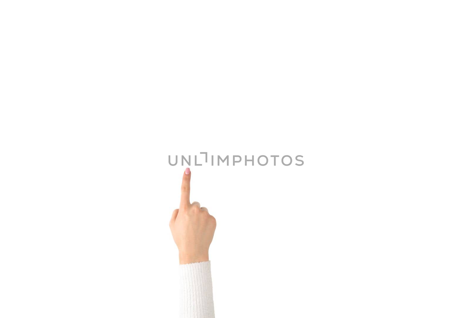 caucasian woman hand index finger pointing up isolated on white background