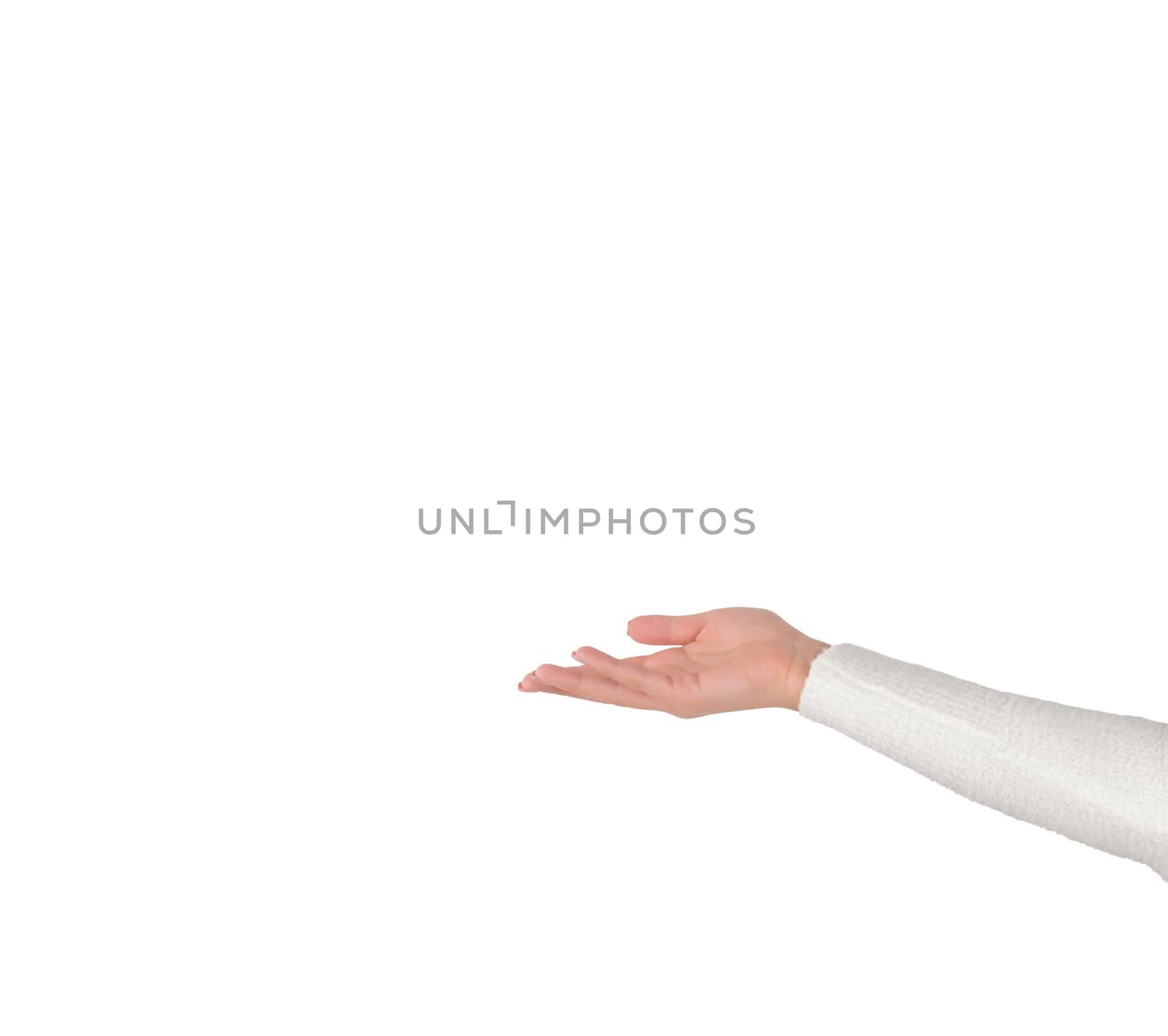 caucasian woman hand palm side up isolated on white background