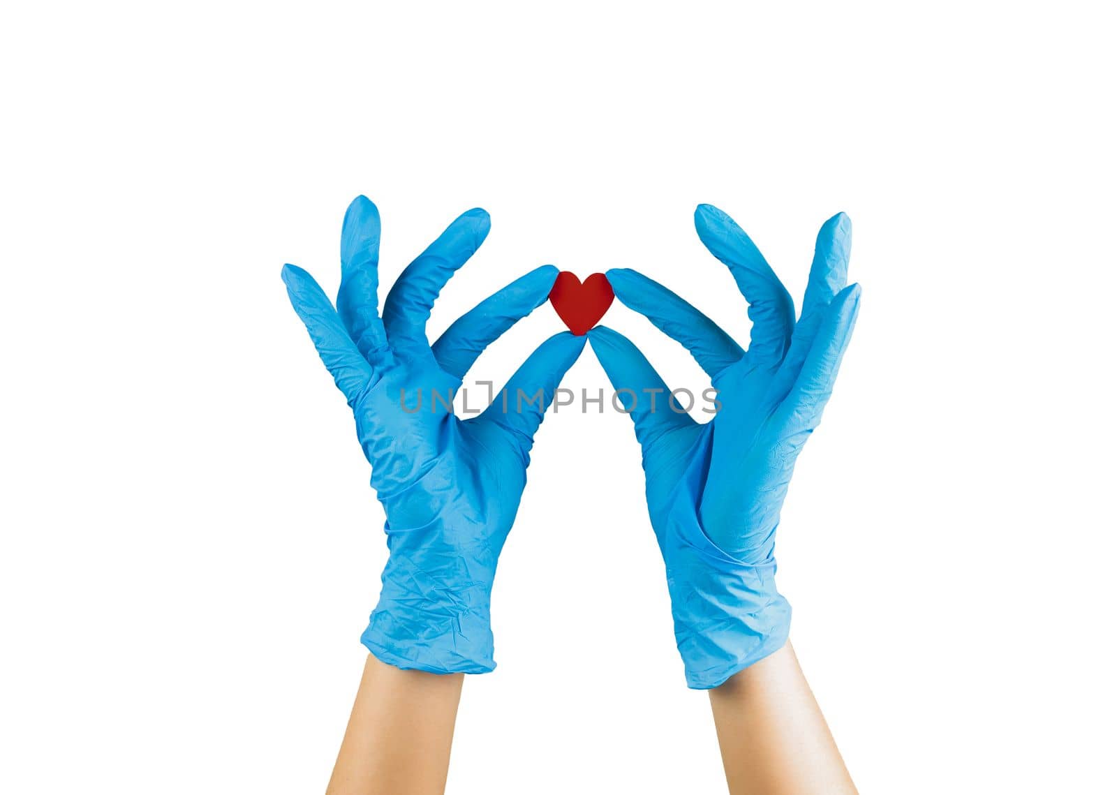 hand in blue medicine glove holding wooden red heart with two fingers showing it isolated on white background by Kondrateva