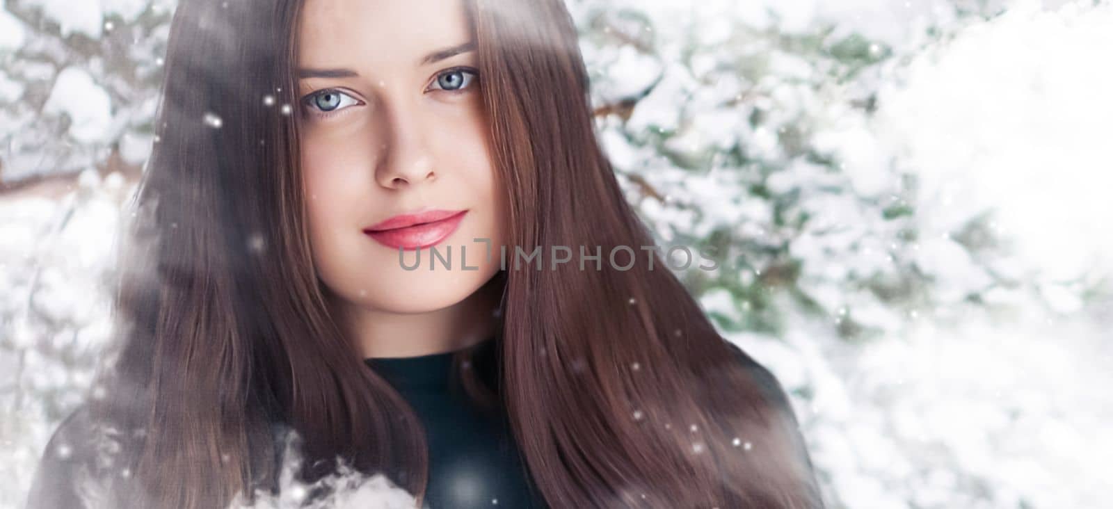 Winter beauty, Christmas time and happy holidays, beautiful woman with long hairstyle and natural make-up in snowy forest, snowing snow design as xmas, New Year and holiday lifestyle portrait by Anneleven