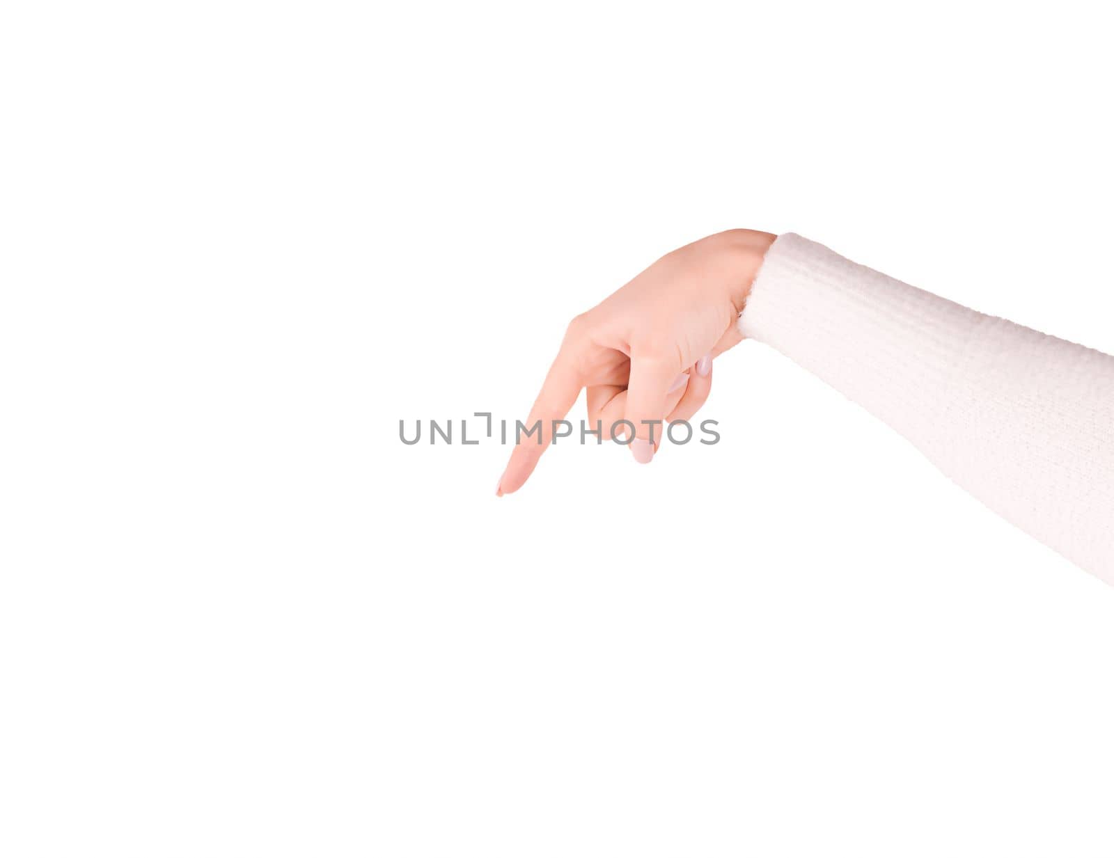 caucasian woman right hand pointing down with index finger isolated on white