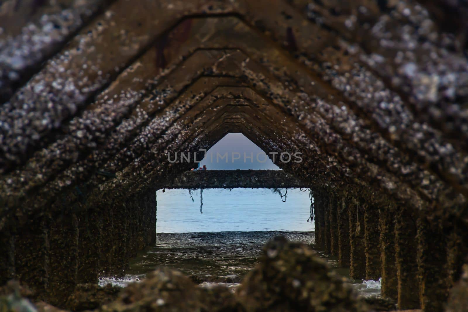 View under at Broken old structure remains of pier in the sea. Small wave crashing into the textured rusty pier posts in the during beautiful twilight in the sea. No focus, specifically.