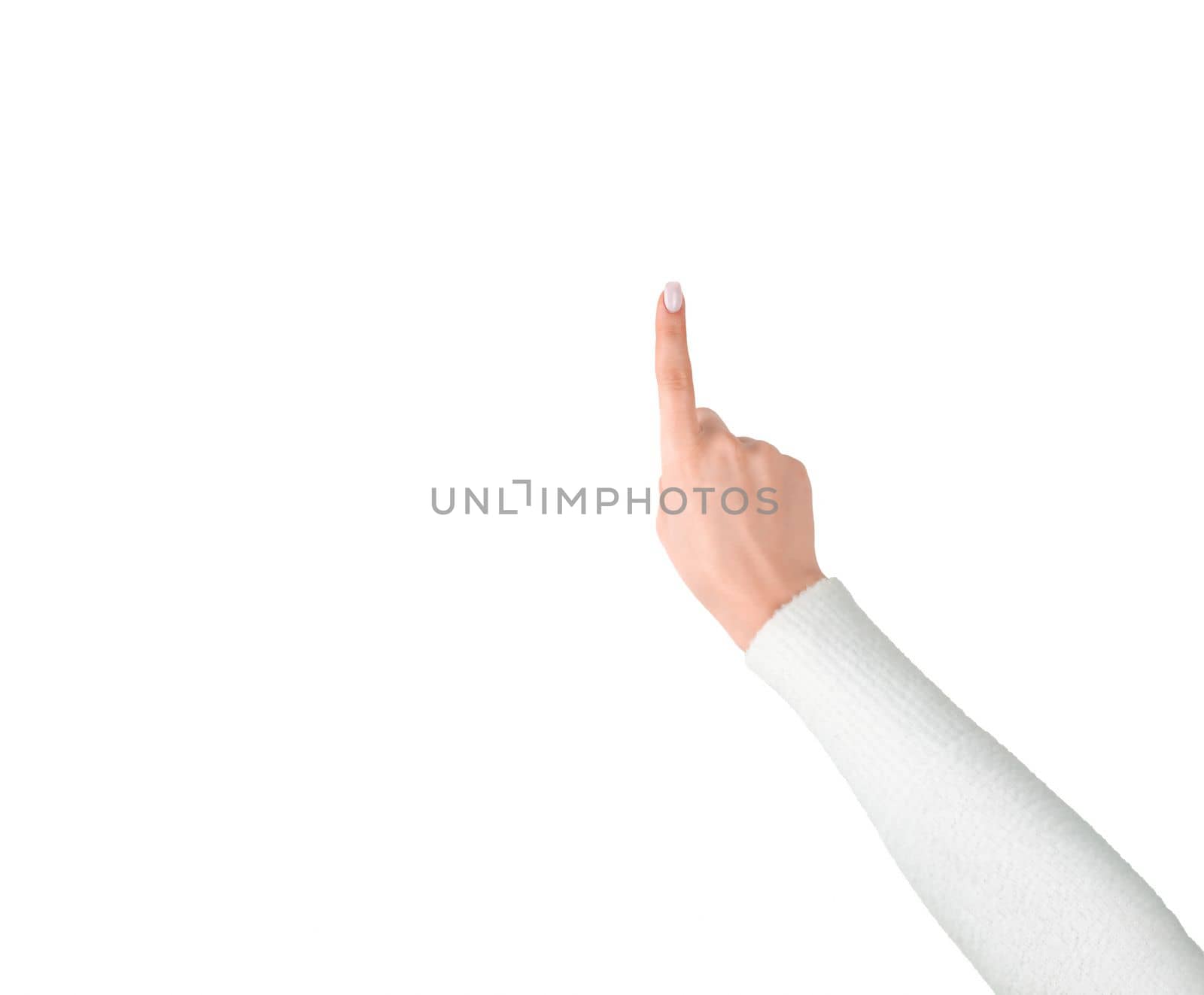 caucasian woman right hand pointing up with index finger isolated on white by Kondrateva