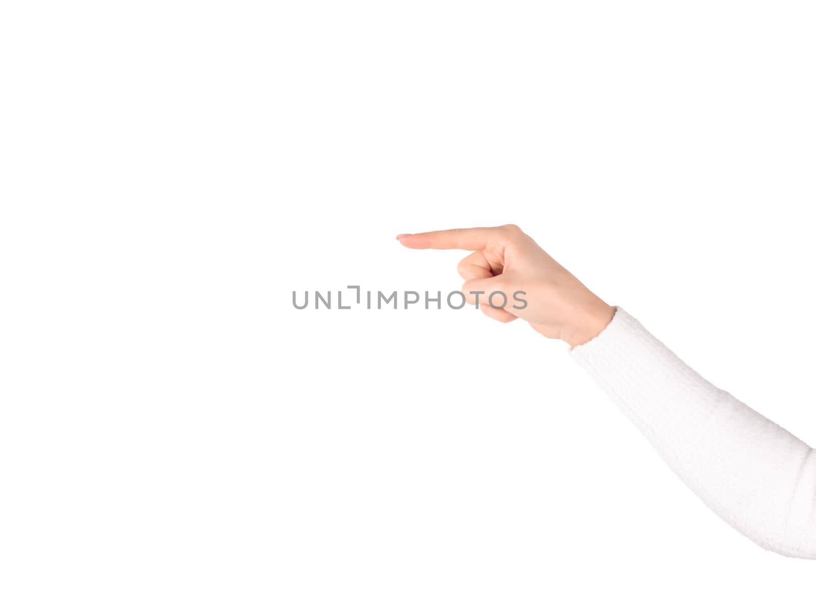caucasian woman right hand pointing index finger to the left isolated on white