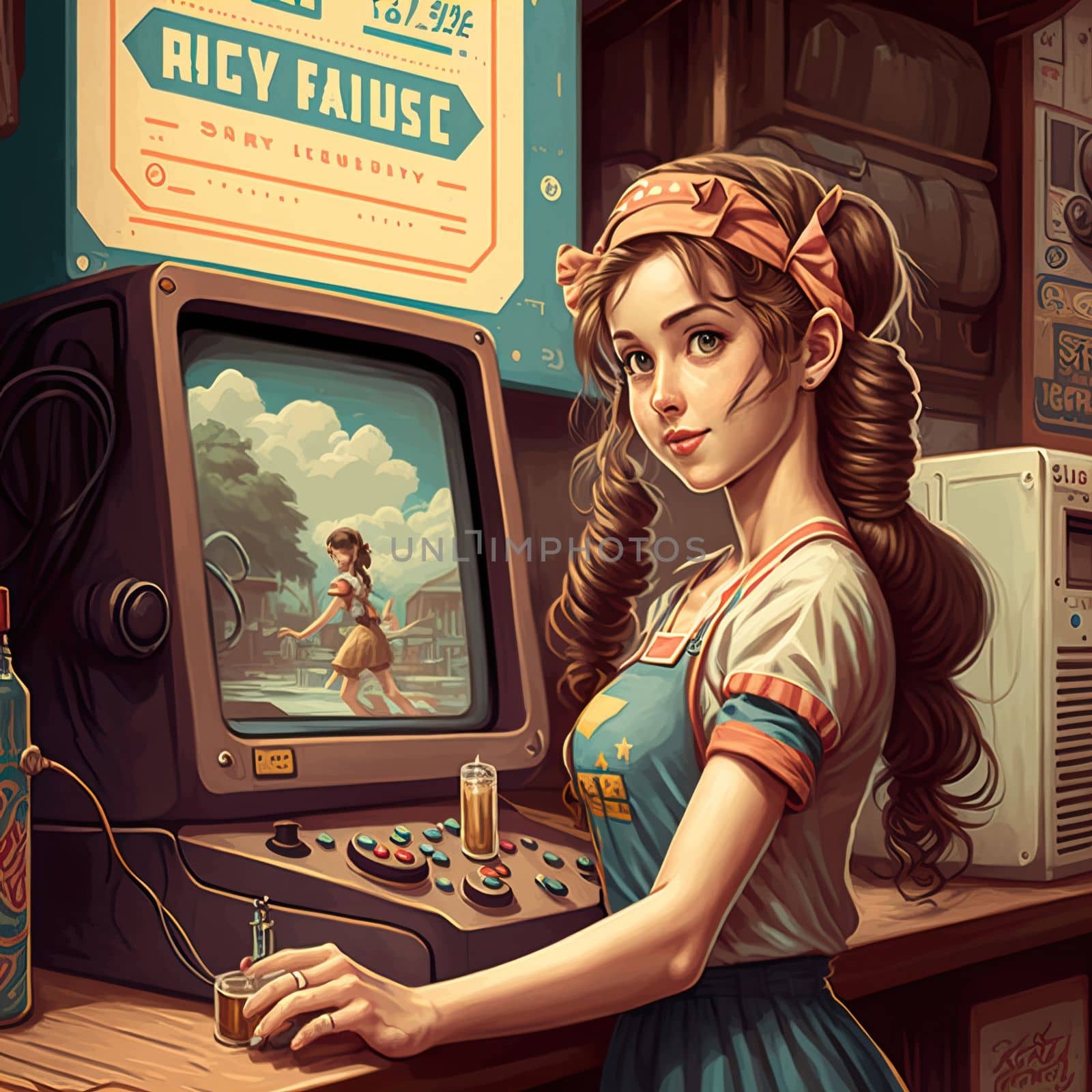 Nostalgic Retro Style Concept: Young Girl Playing Video Game on a Console. by igor010