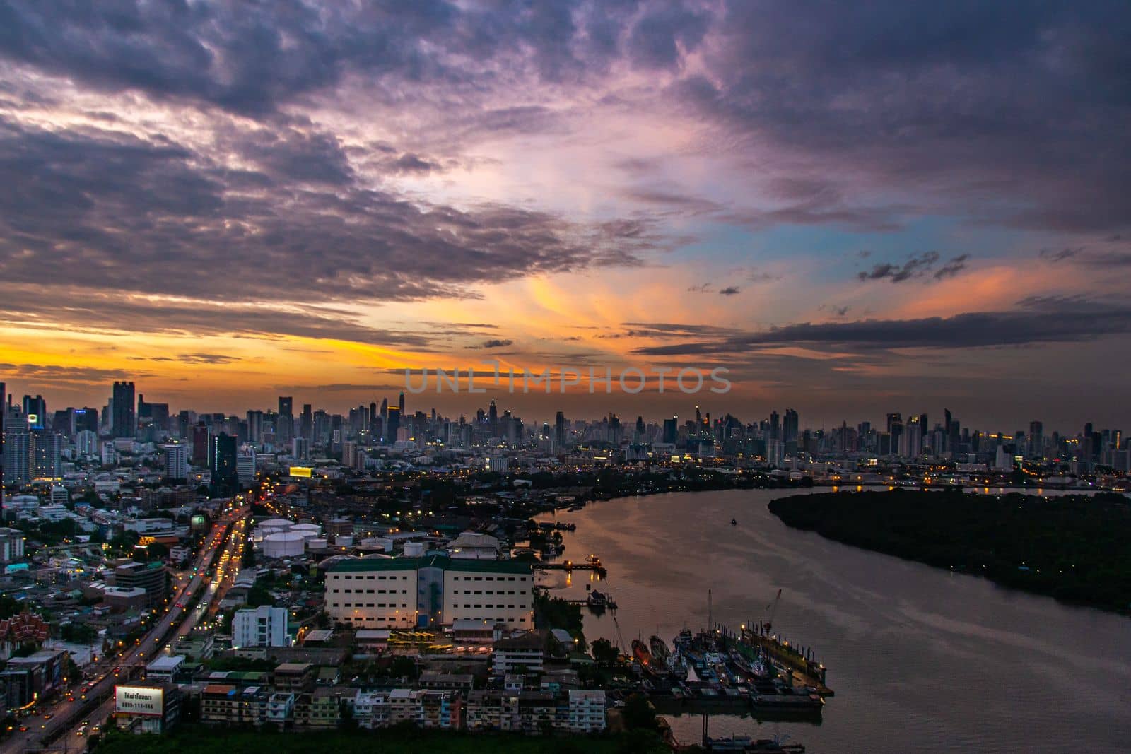 bangkok,Thailand - jul 6, 2019 : Sky view of Bangkok with skyscrapers in the business district in Bangkok along the Chao Phraya Rive in the during beautiful twilight give the city a modern style.
