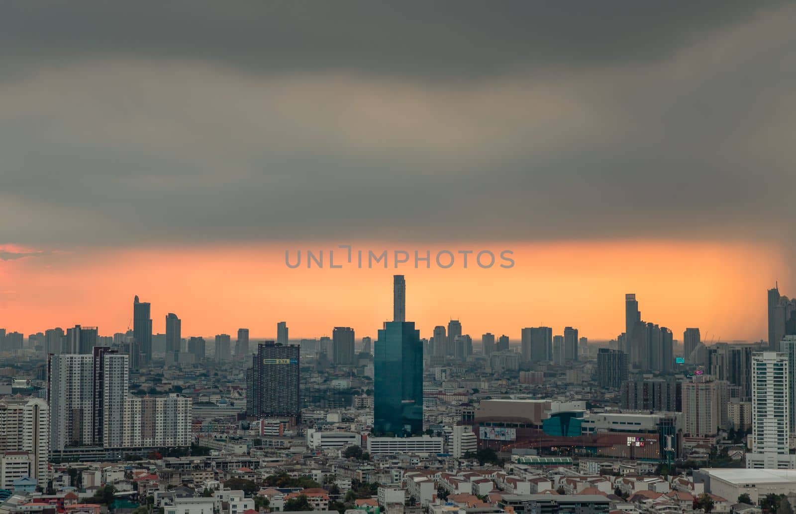 Bangkok, Thailand - May 09, 2021 : Aerial view of Beautiful scenery view of Skyscraper Evening time before Sunset creates relaxing feeling for the rest of the day. Selective focus.