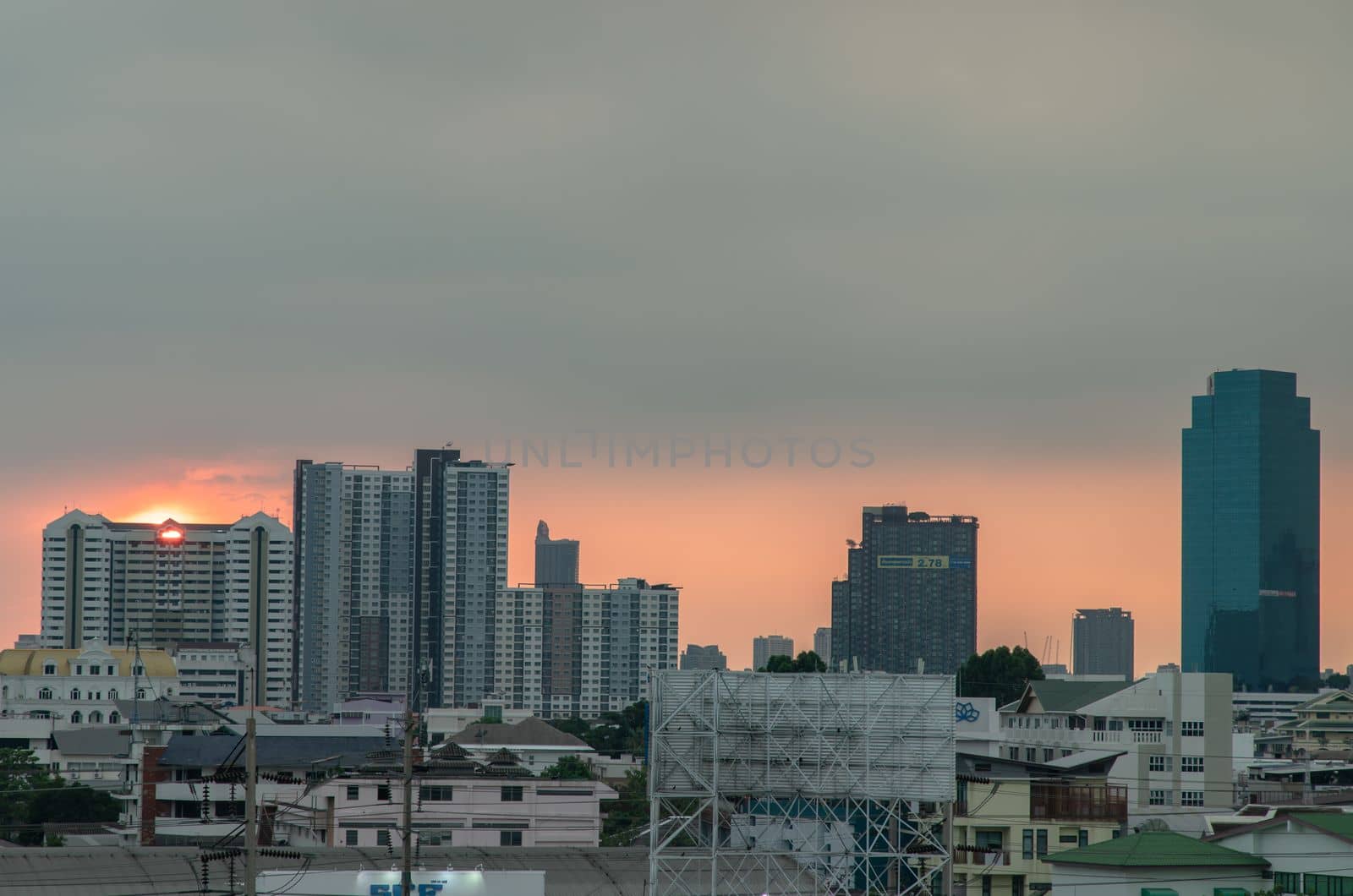 Bangkok, Thailand - May 09, 2021 : Aerial view of Beautiful scenery view of Skyscraper Evening time before Sunset creates relaxing feeling for the rest of the day. Selective focus.