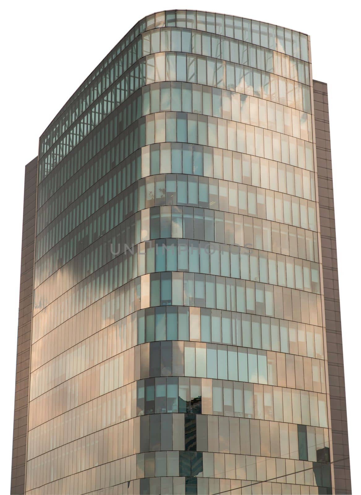 The Glass cladding of office tower reflect a beautiful afternoon sky. Sky reflection on a modern glass building isolated on white background with clipping path. Selective focus.