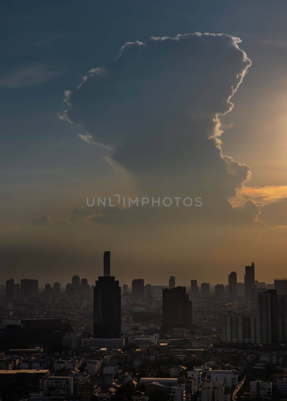 Bangkok, Thailand - May 09, 2021 : Aerial view of Beautiful scenery view of Skyscraper Evening time before Sunset creates relaxing feeling for the rest of the day. Selective focus.