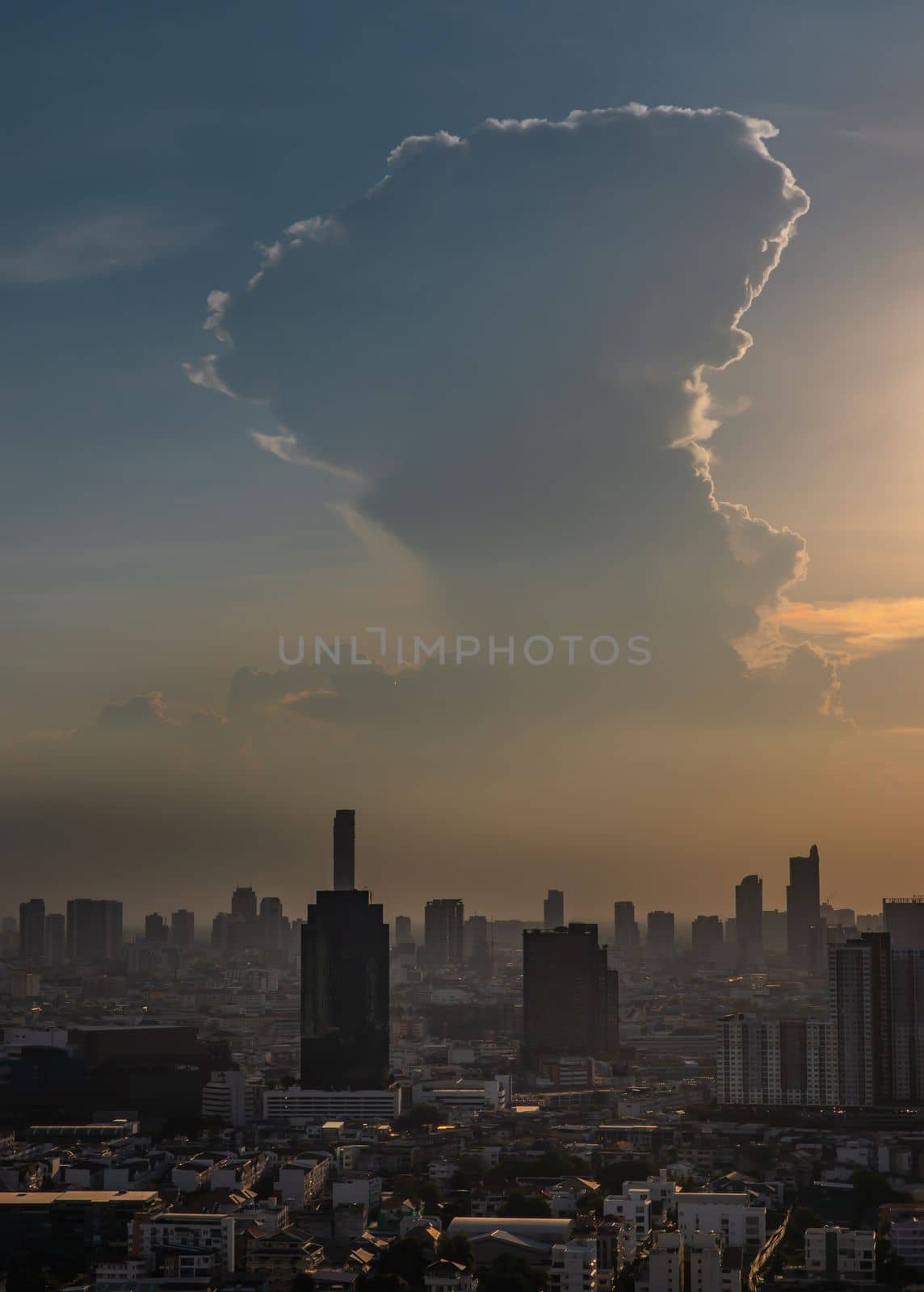 Bangkok, Thailand - May 09, 2021 : Aerial view of Beautiful scenery view of Skyscraper Evening time before Sunset creates relaxing feeling for the rest of the day. Selective focus.