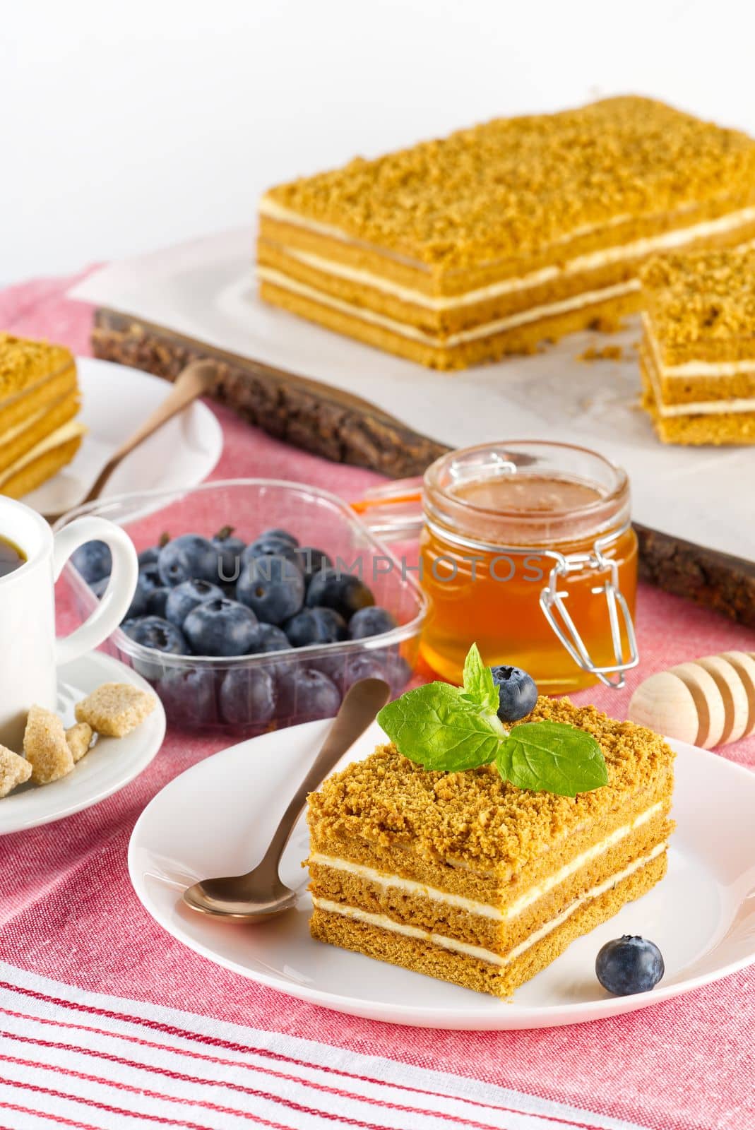 Homemade Honey cake. Honey cake Medovik, layer cake on white plate. Closeup view. sweet dessert cake. Slice of layered honey cake selective focus.