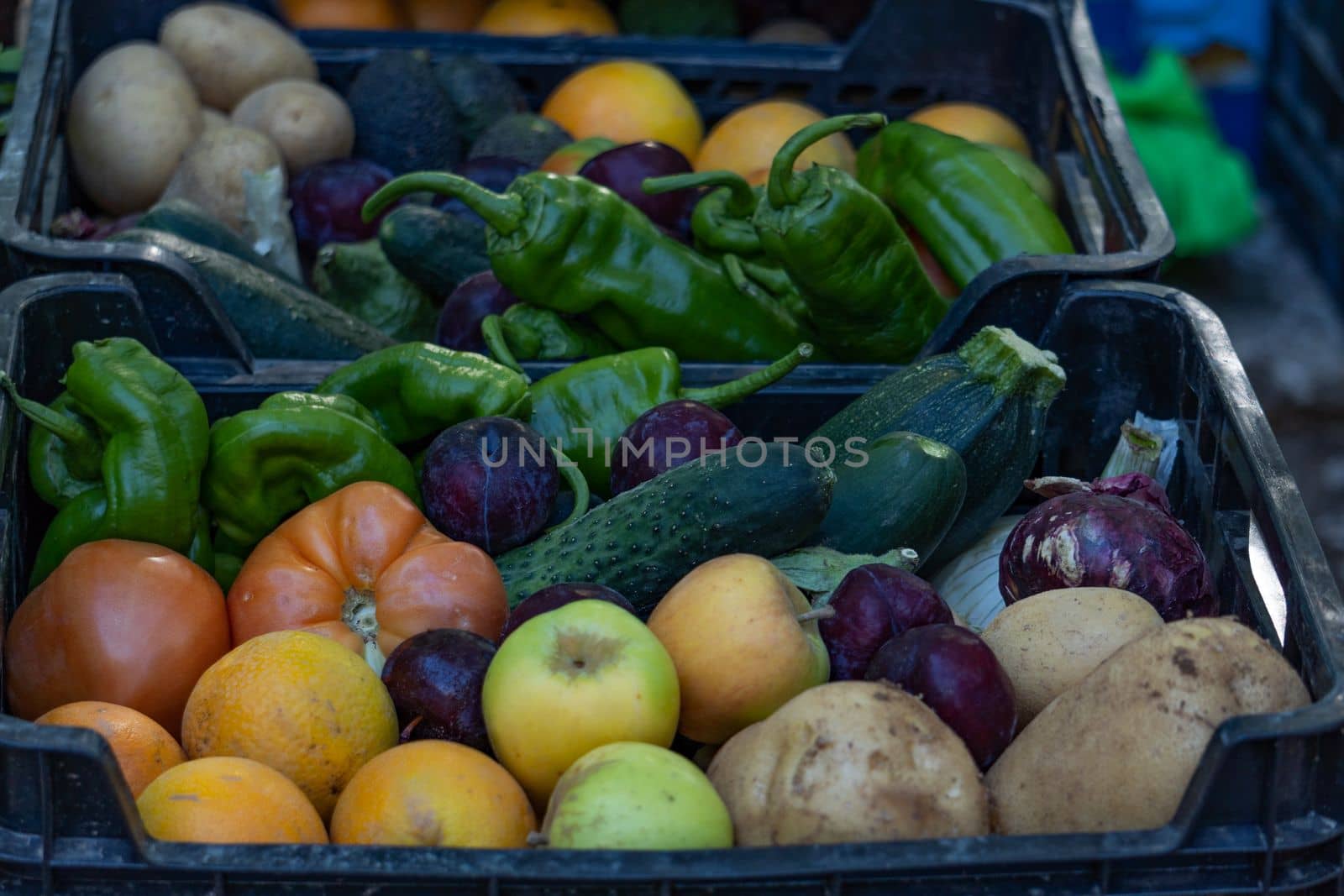 close-up of boxes with a variety of organically grown fruit and vegetables