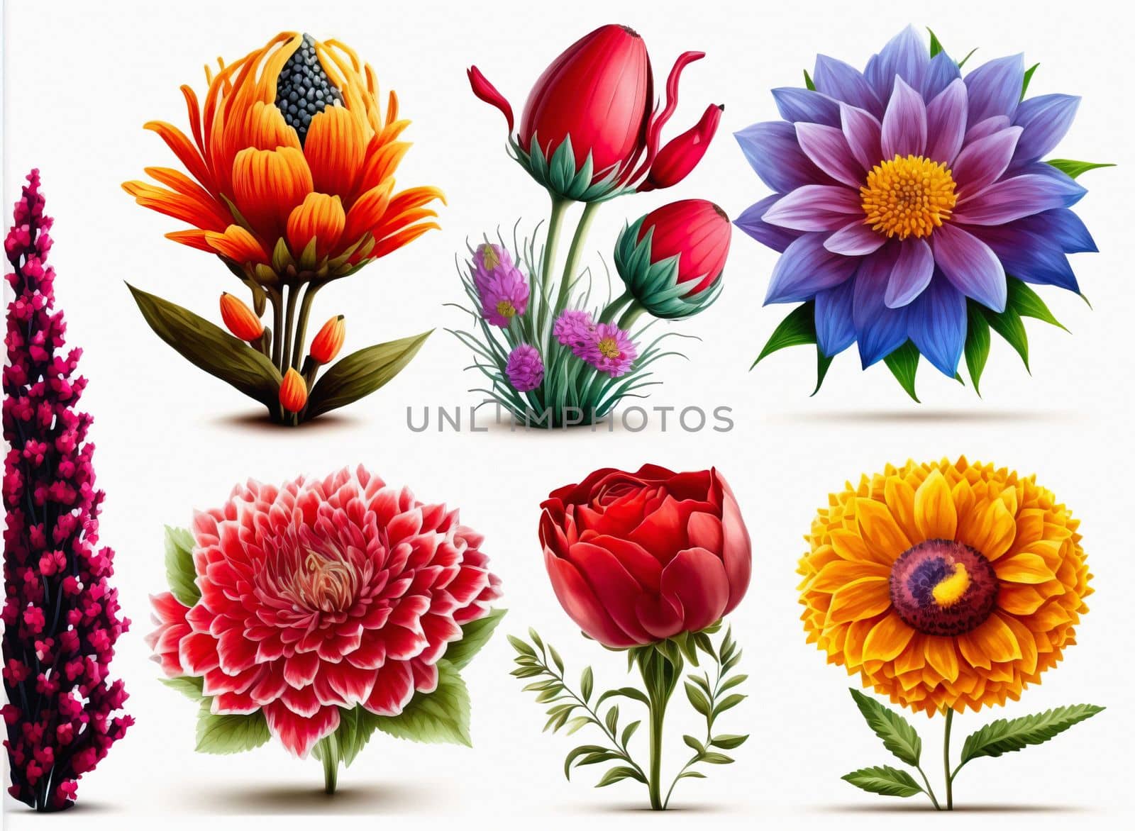 Set different beautiful colorful flowers. Colorful floral collection with leaves and flowers, drawing watercolor. Spring or summer design for invitation, wedding or greeting cards. download image