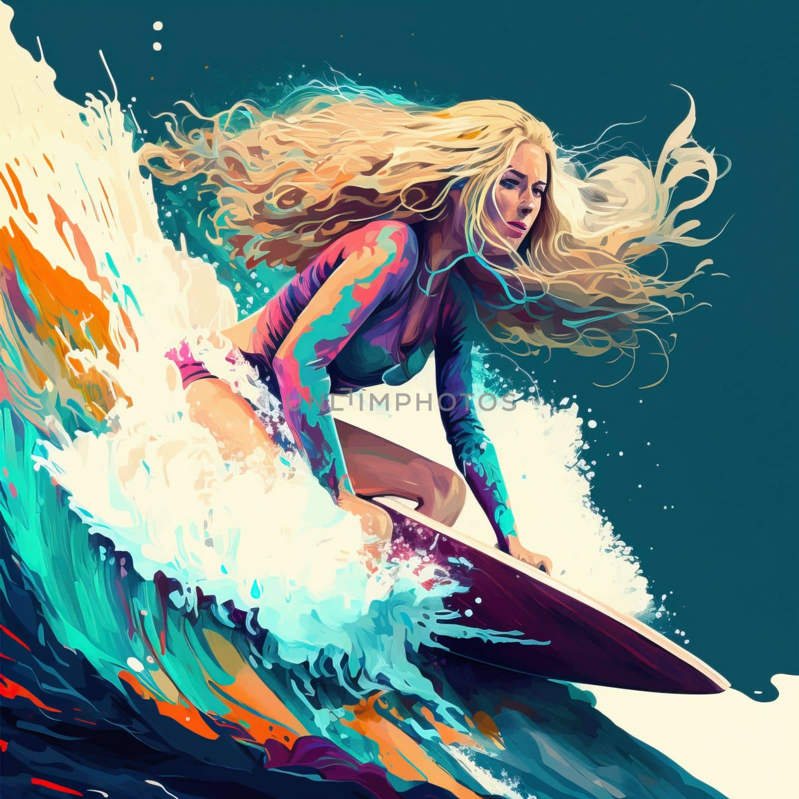 young beautiful woman with long blond hair surfing big wave. Surf girl on surfboard. Woman in ocean during surfing. Surfer and ocean wave by igor010